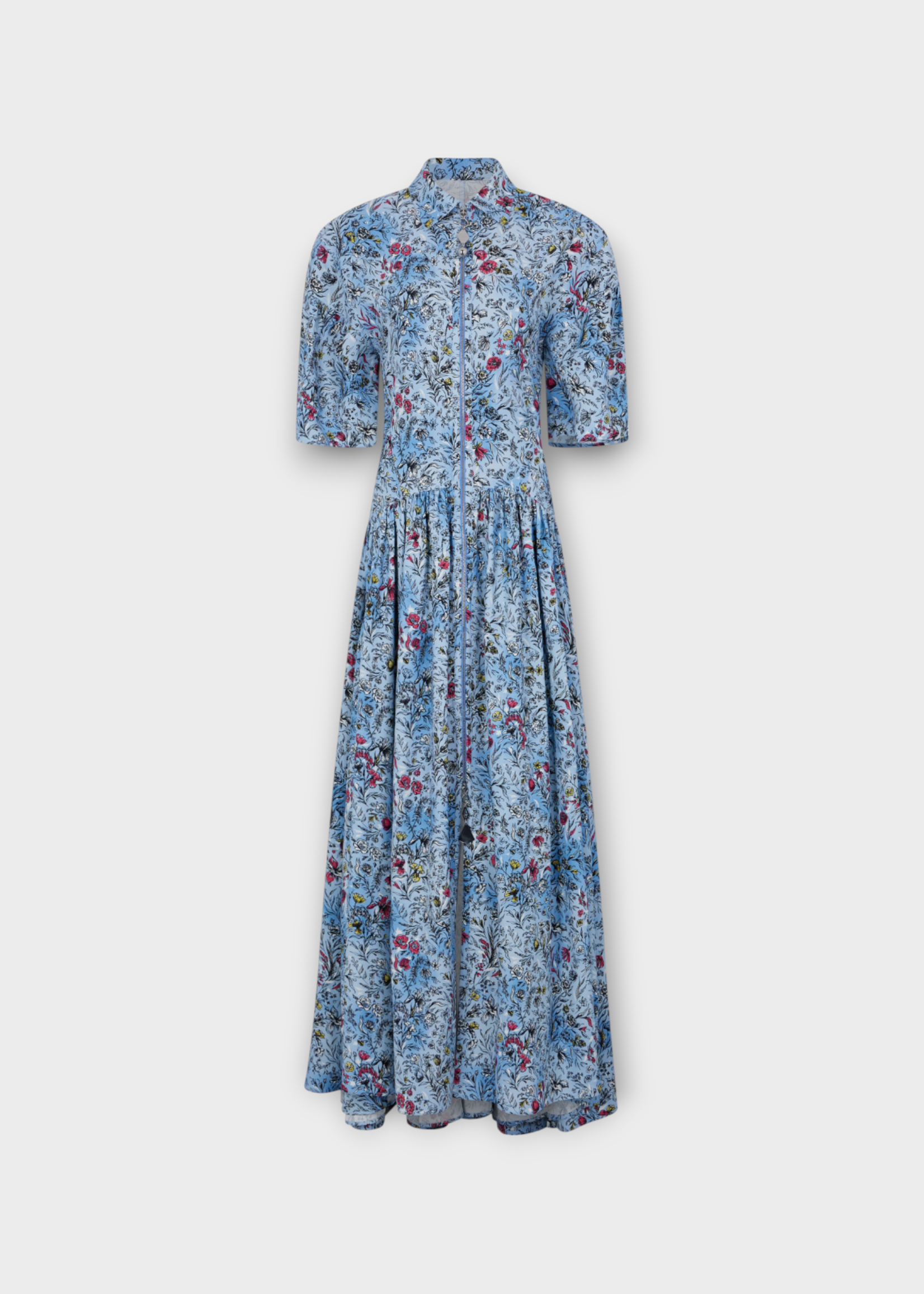 Rabanne Rabanne Dress, Print, Collared Zipped Short Sleeve Long Dress In Blue Pin w/ Flower Print