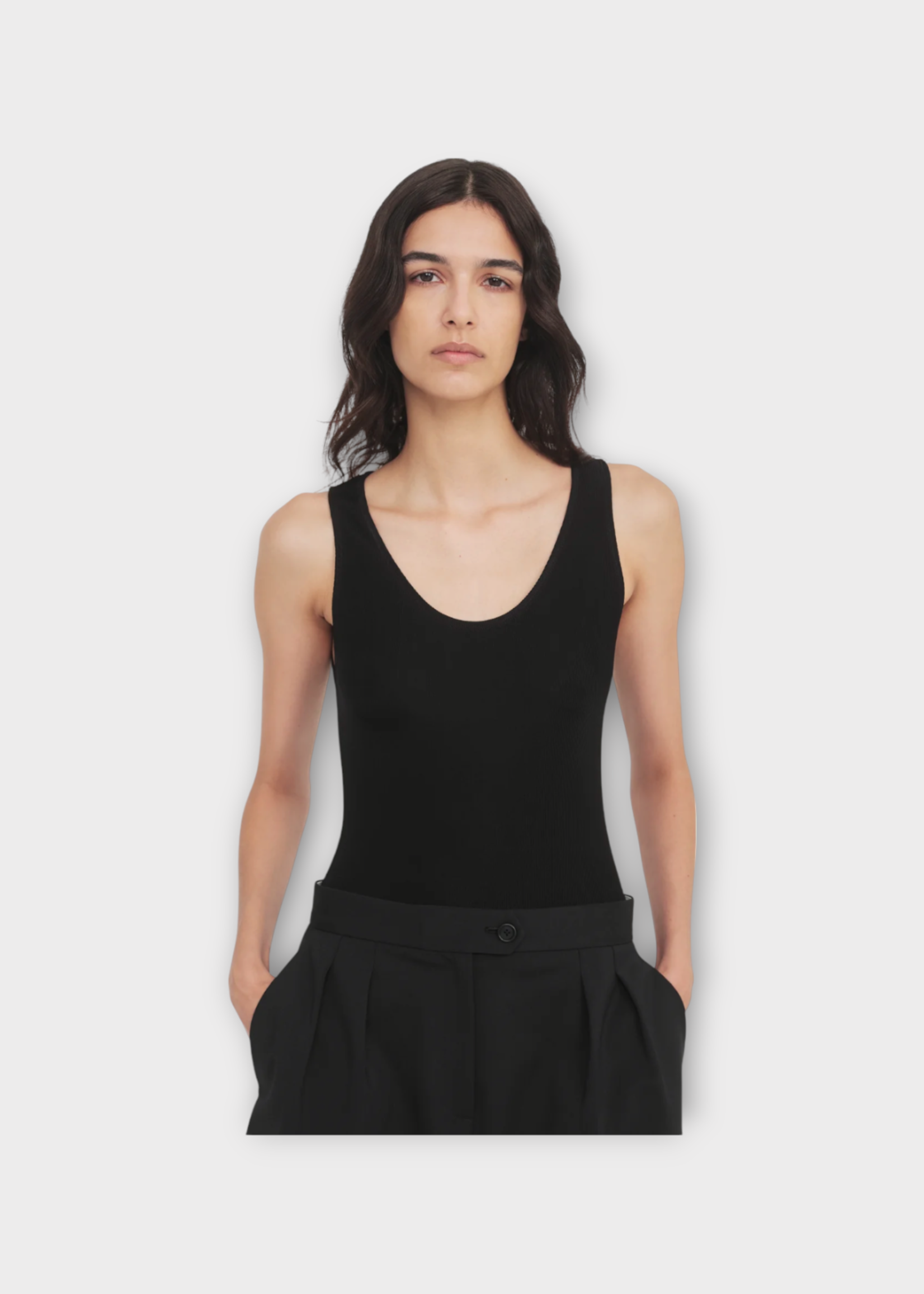 Partow Partow Top, Black, Cali Ribbed Jersey Sleeveless Body Suit in Black w/ Snap Closure