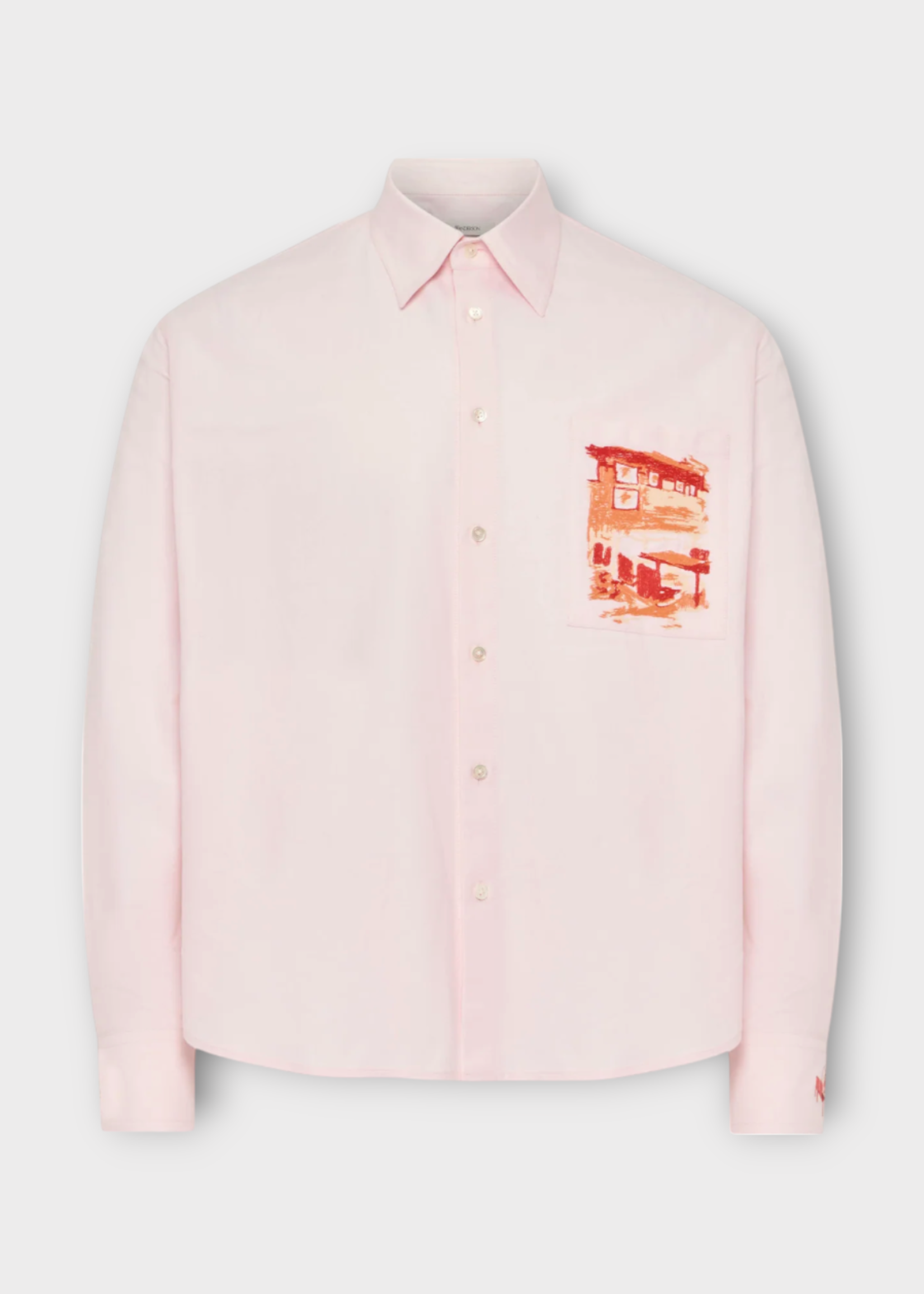 J.W. Anderson J.W. Anderson Shirt, Pink, Oxford Cotton Collared Shirt In Pale Pink w/ Cafe Scene Embroidery