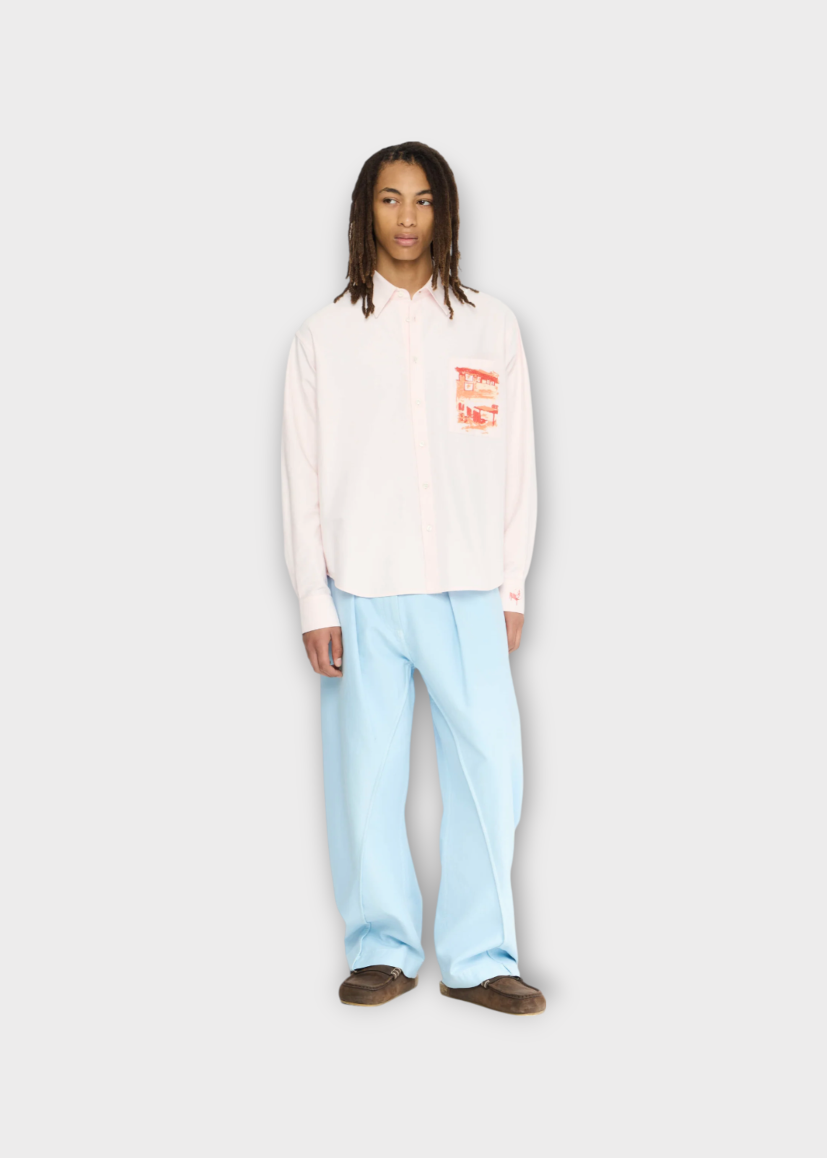 J.W. Anderson J.W. Anderson Shirt, Pink, Oxford Cotton Collared Shirt In Pale Pink w/ Cafe Scene Embroidery