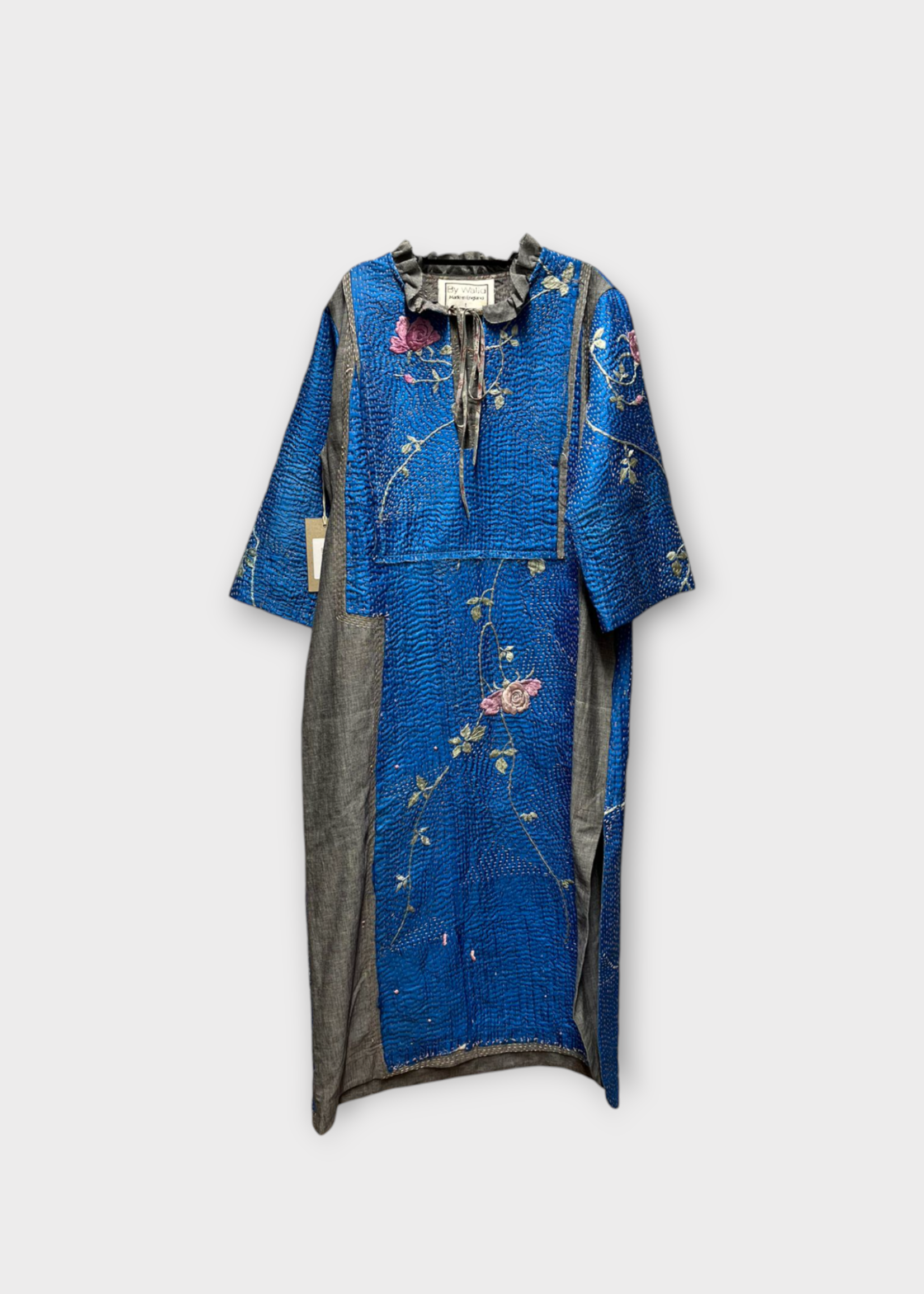 By Walid By Walid Dress, Multi, Lee Silk Long Sleeve Caftan in Blue w/ Flower Embroidery