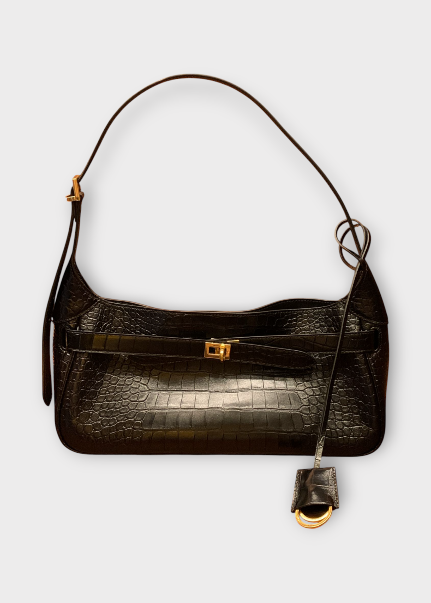 Balenciaga Balenciaga Bag, Black, Bel Air Small Embossed Croco Top Handle Shoulder Bag