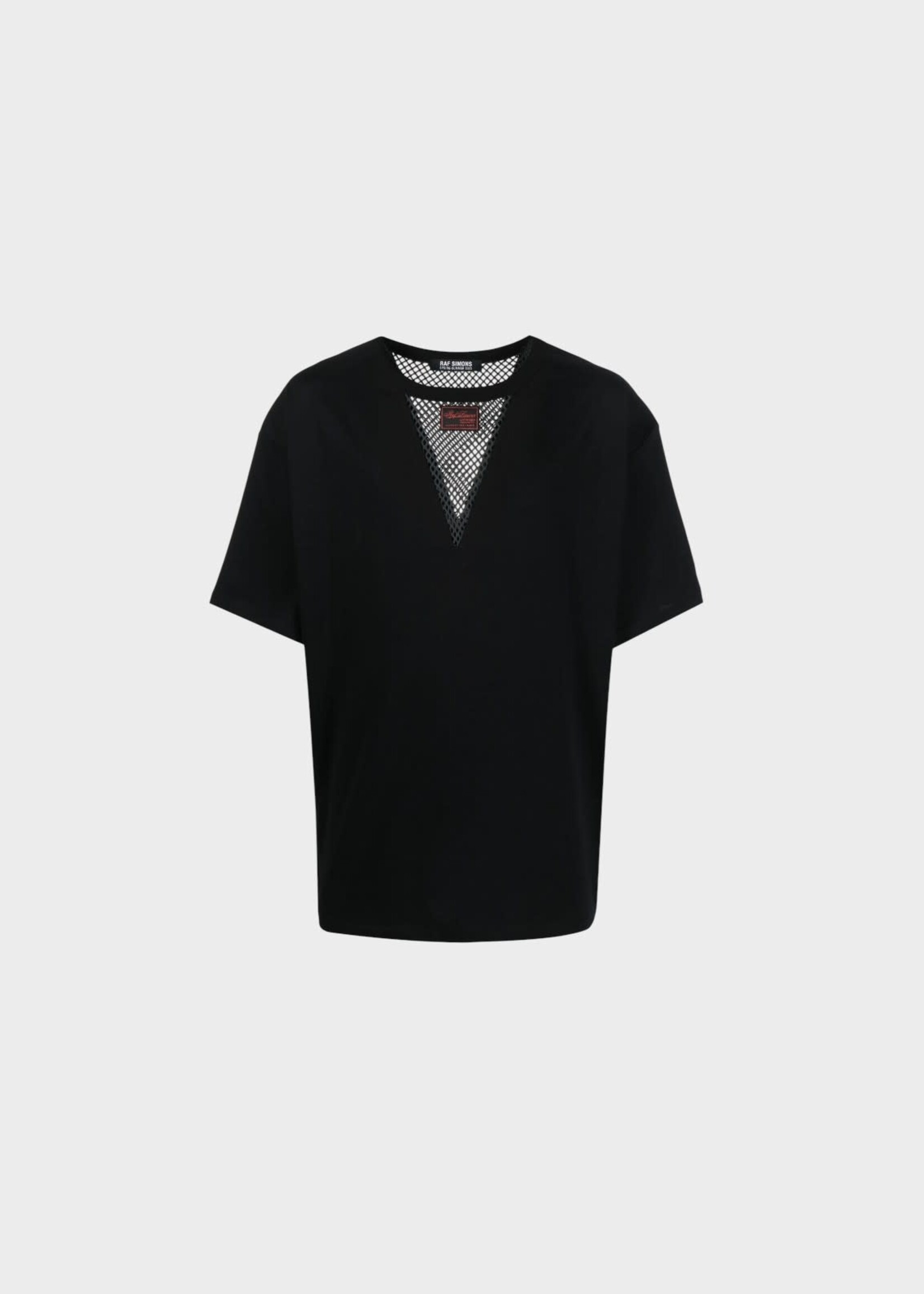Raf Simons Raf Simons T-shirt, Black, Cotton Crew Neck Short Sleeve T-Shirt in Black Dark Grey w/ Net V-Neck