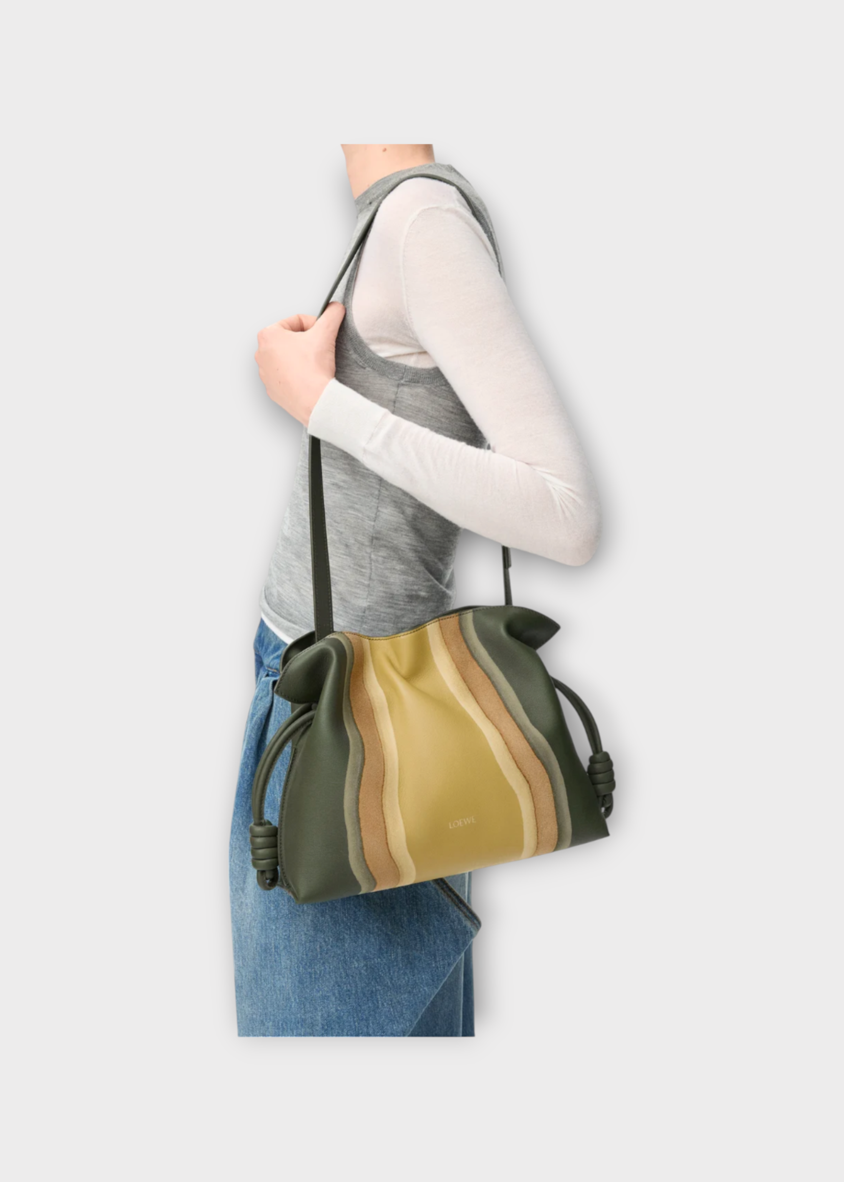 Loewe Loewe Bag, Multi, Flamenco Nappa Calf Knotted Medium Clutch Bag In Bottle Green & Ochre