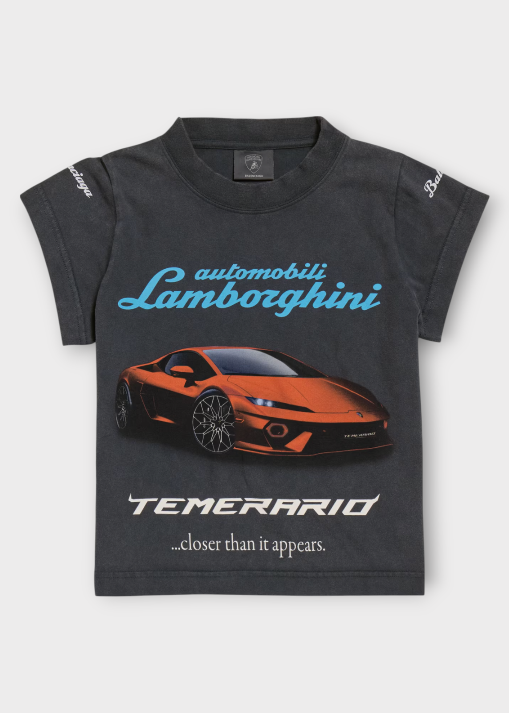 Balenciaga Balenciaga T-Shirt, Black, Cotton Crew Neck Shrunk T-Shirt in Faded Black w/ Lamborghini Print