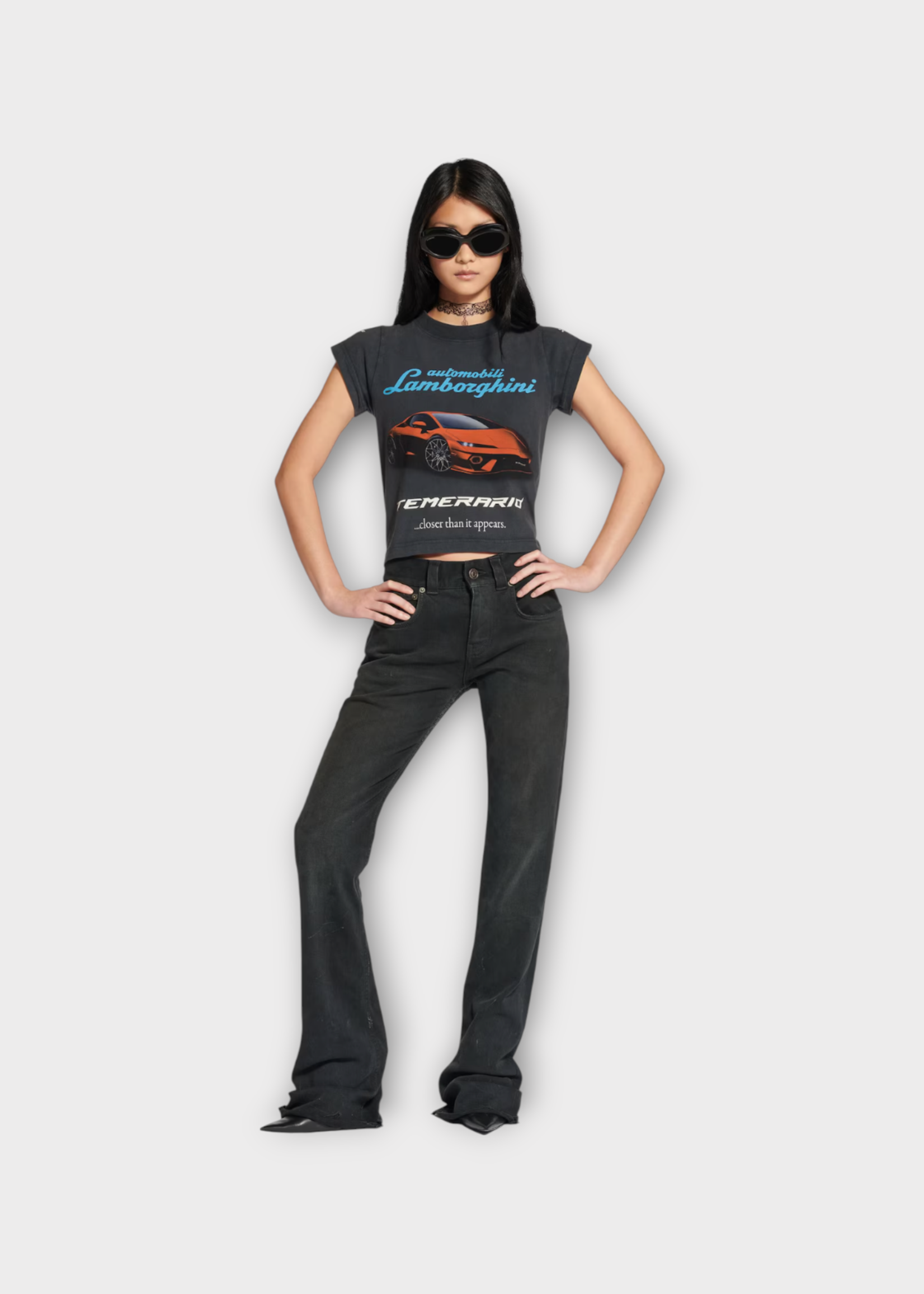 Balenciaga Balenciaga T-Shirt, Black, Cotton Crew Neck Shrunk T-Shirt in Faded Black w/ Lamborghini Print