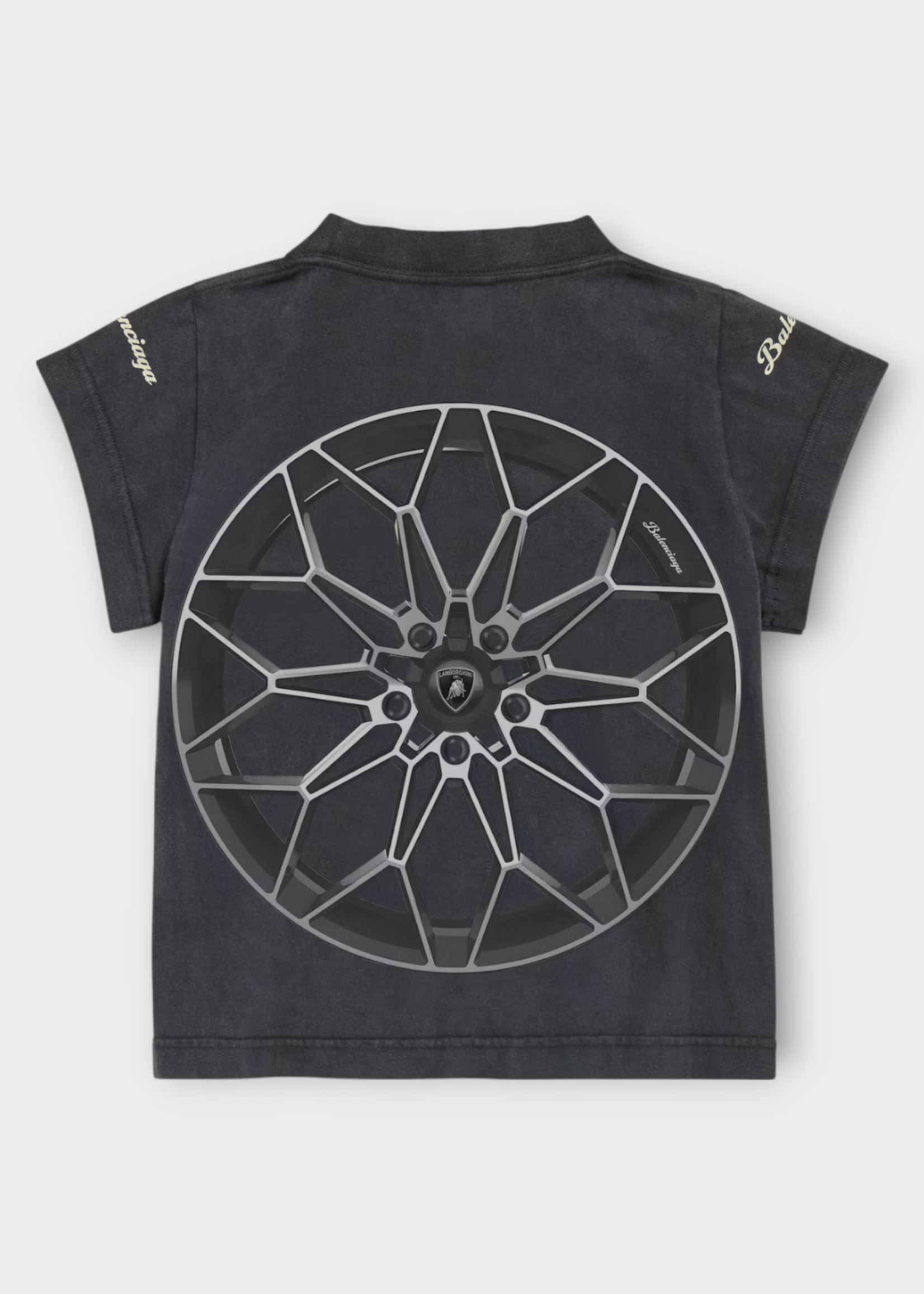 Balenciaga Balenciaga T-Shirt, Black, Cotton Crew Neck Shrunk T-Shirt in Faded Black w/ Lamborghini Print