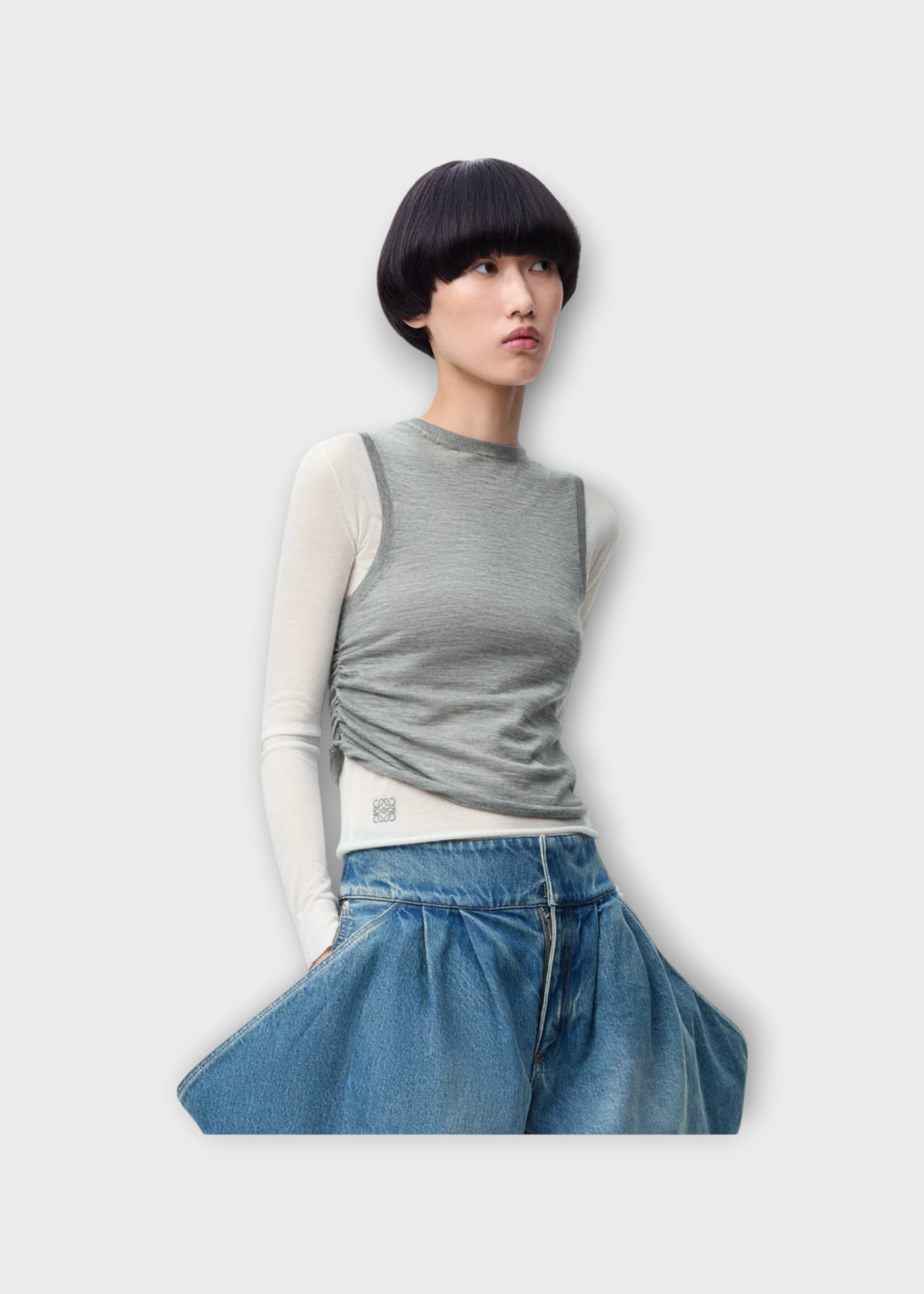 Loewe Loewe Knitwear, Multi, Cashmere Crew Neck Asymmetric Draped Sweater In Grey & White