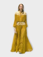 Valentino Valentino Dress, Multi, Long Sleeve Pleated Lace Detail Dotted Long Gown In Ocra