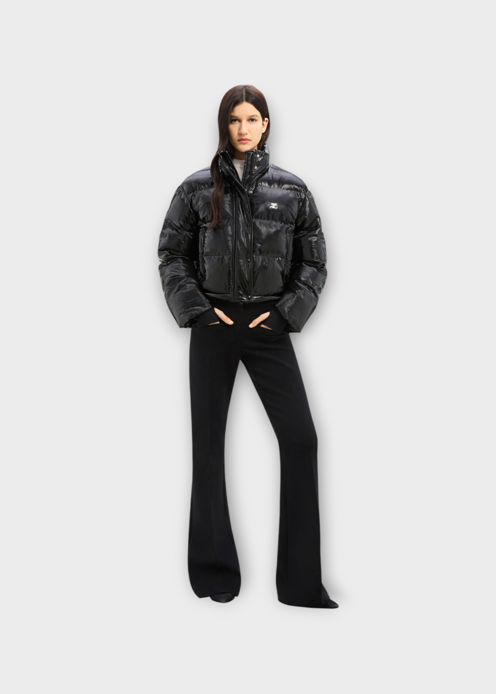 Courreges Courreges Jacket, Black, Vinyl Cropped High Neck Puffer Button Up Jacket