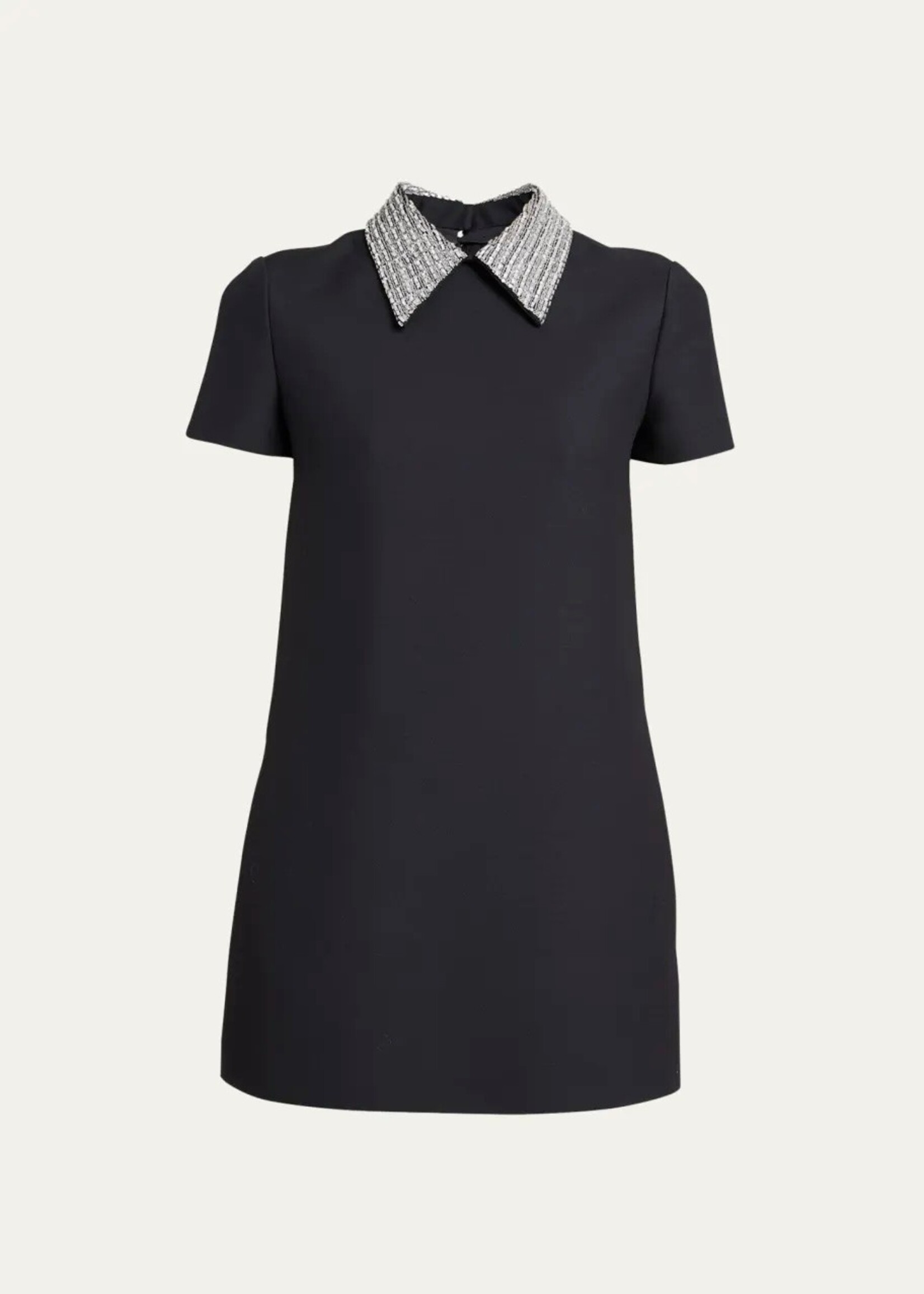 Valentino Valentino Dress, Multi, Wool & Silk Short Sleeve Crepe Couture Mini Dress In Black & Silver w/ Removable Embroidered Collar
