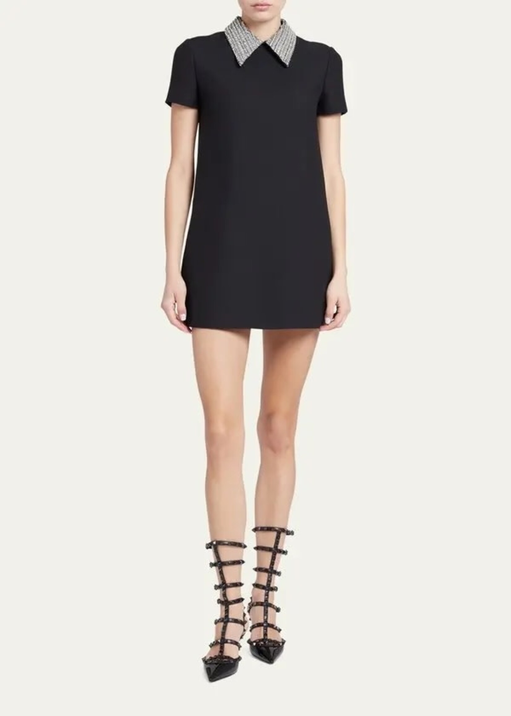 Valentino Valentino Dress, Multi, Wool & Silk Short Sleeve Crepe Couture Mini Dress In Black & Silver w/ Removable Embroidered Collar
