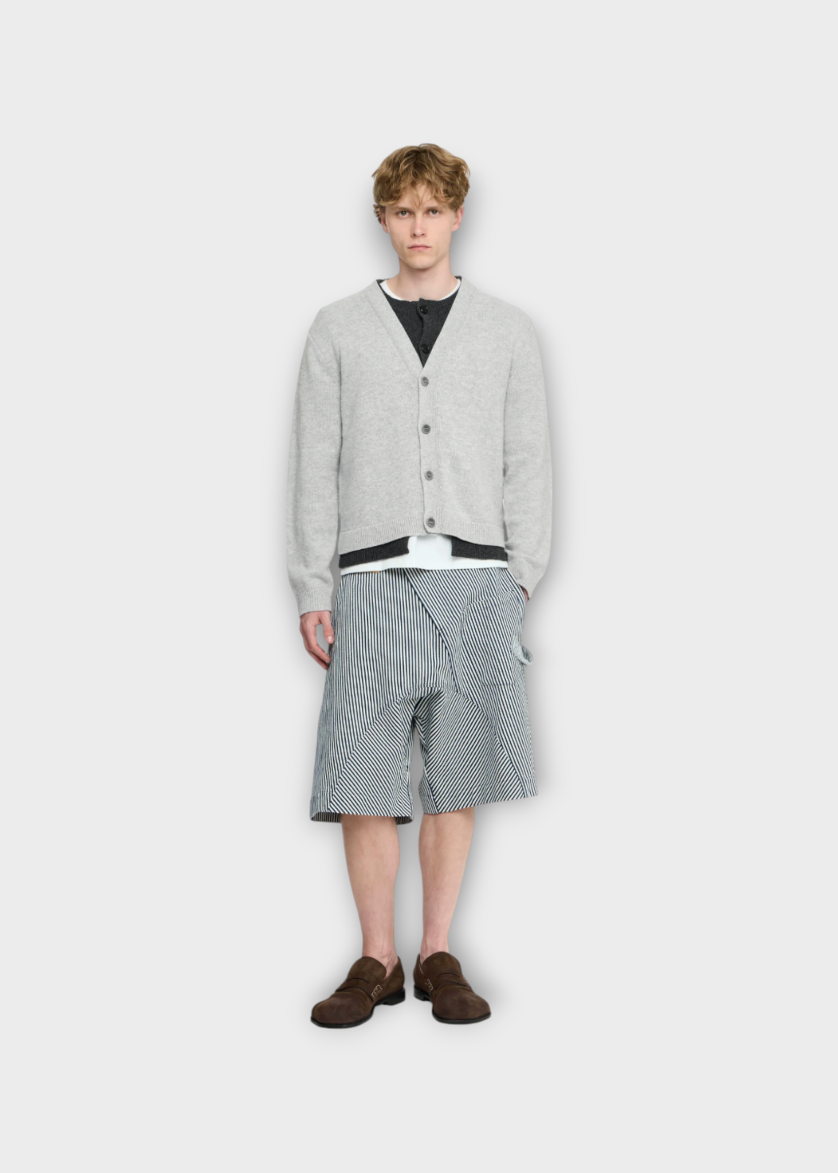 J.W. Anderson J.W. Anderson Knitwear, Grey, Wool Mix V-Neck Contrast Layered Cardigan In Charcoal Melange