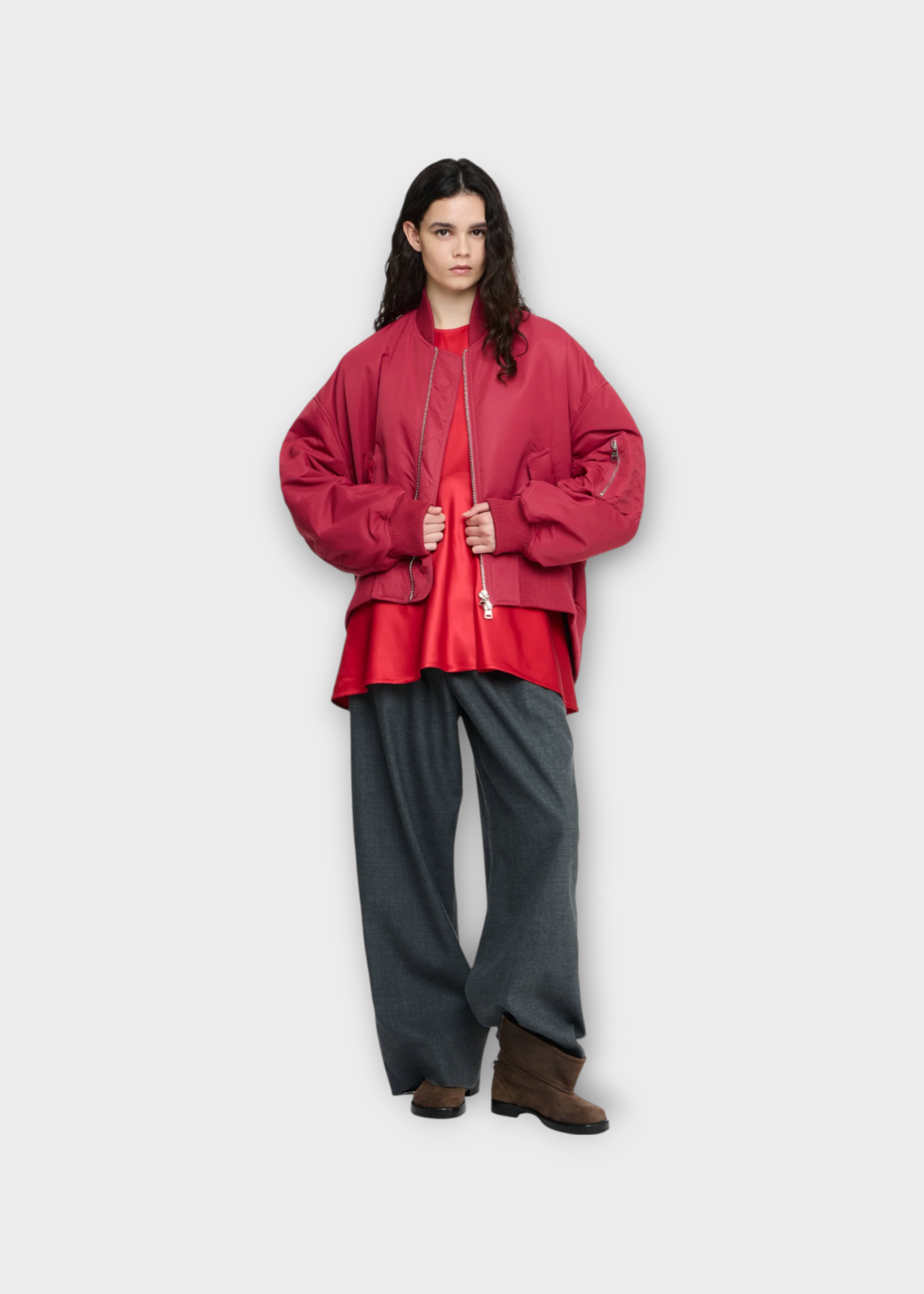 J.W. Anderson J.W. Anderson Jacket, Red, Nylon Oversized Curved Hem Bomber Jacket In Ruby