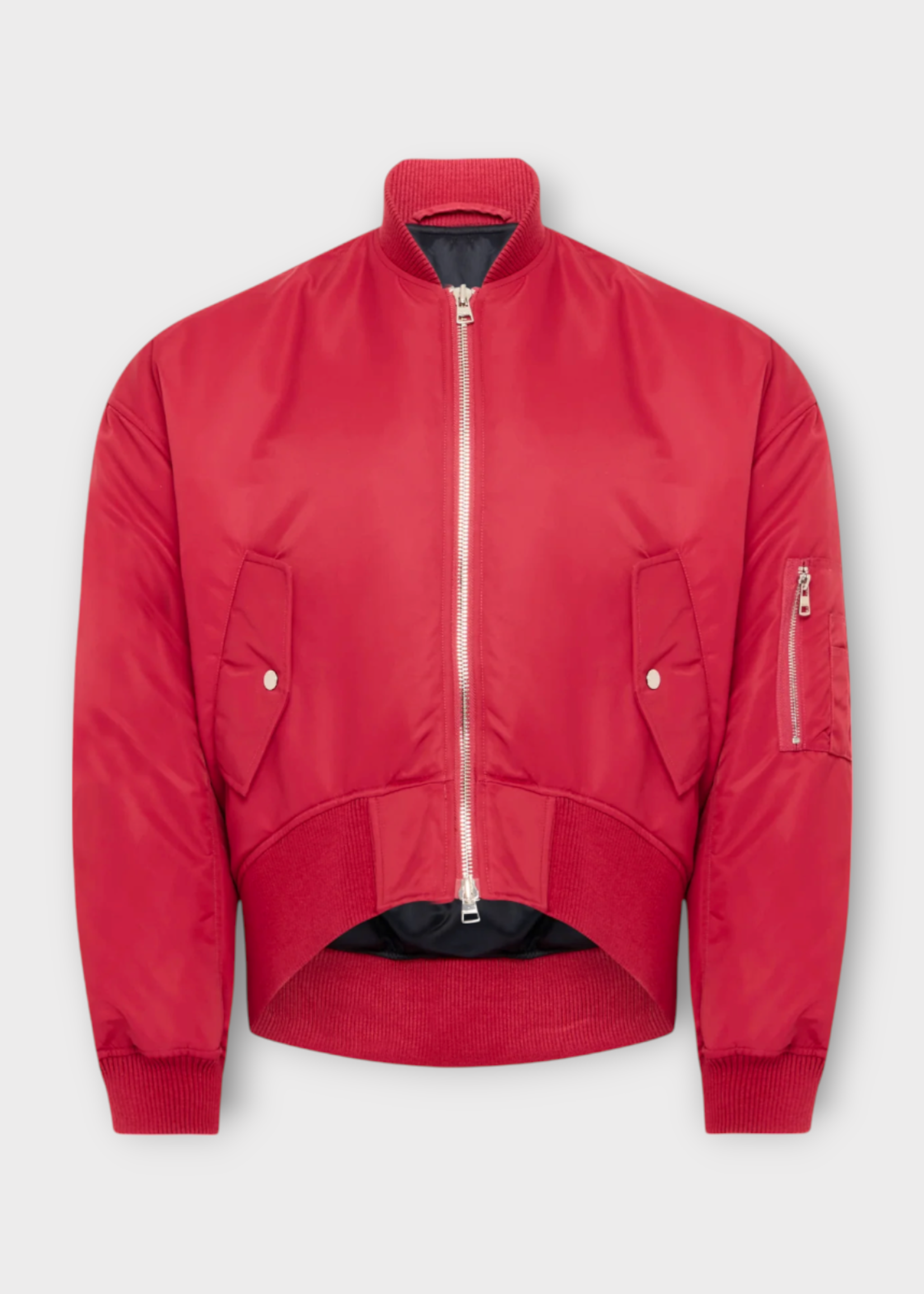 J.W. Anderson J.W. Anderson Jacket, Red, Nylon Oversized Curved Hem Bomber Jacket In Ruby