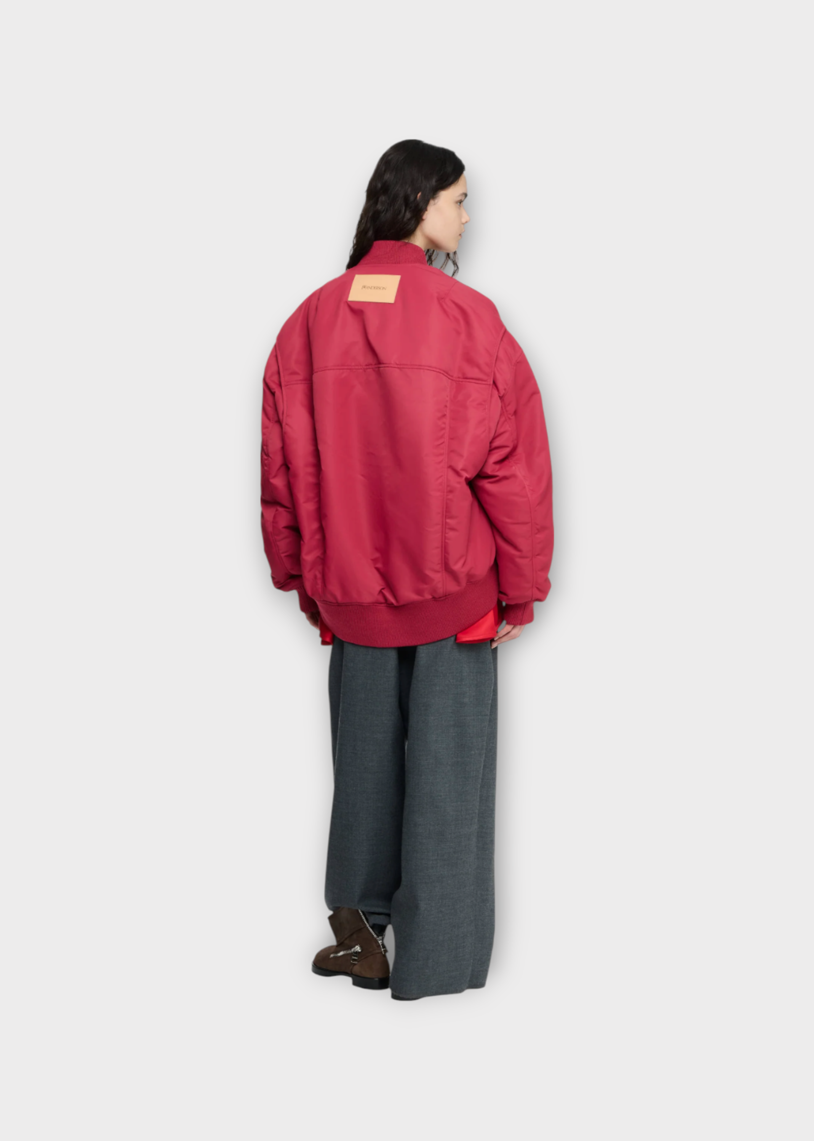 J.W. Anderson J.W. Anderson Jacket, Red, Nylon Oversized Curved Hem Bomber Jacket In Ruby