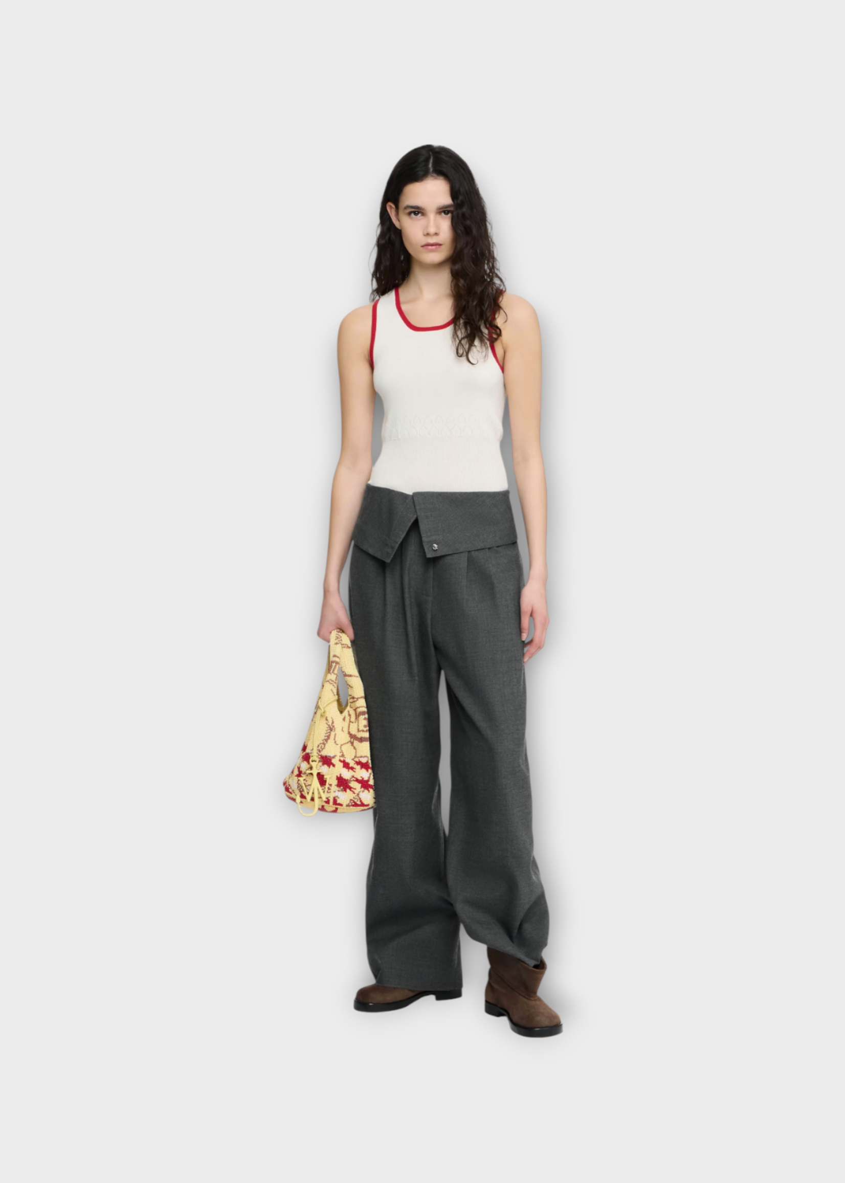 J.W. Anderson J.W. Anderson Trousers, Grey, Wool Twill High Rise Wide Leg Fold Over Pants In Charcoal Melange