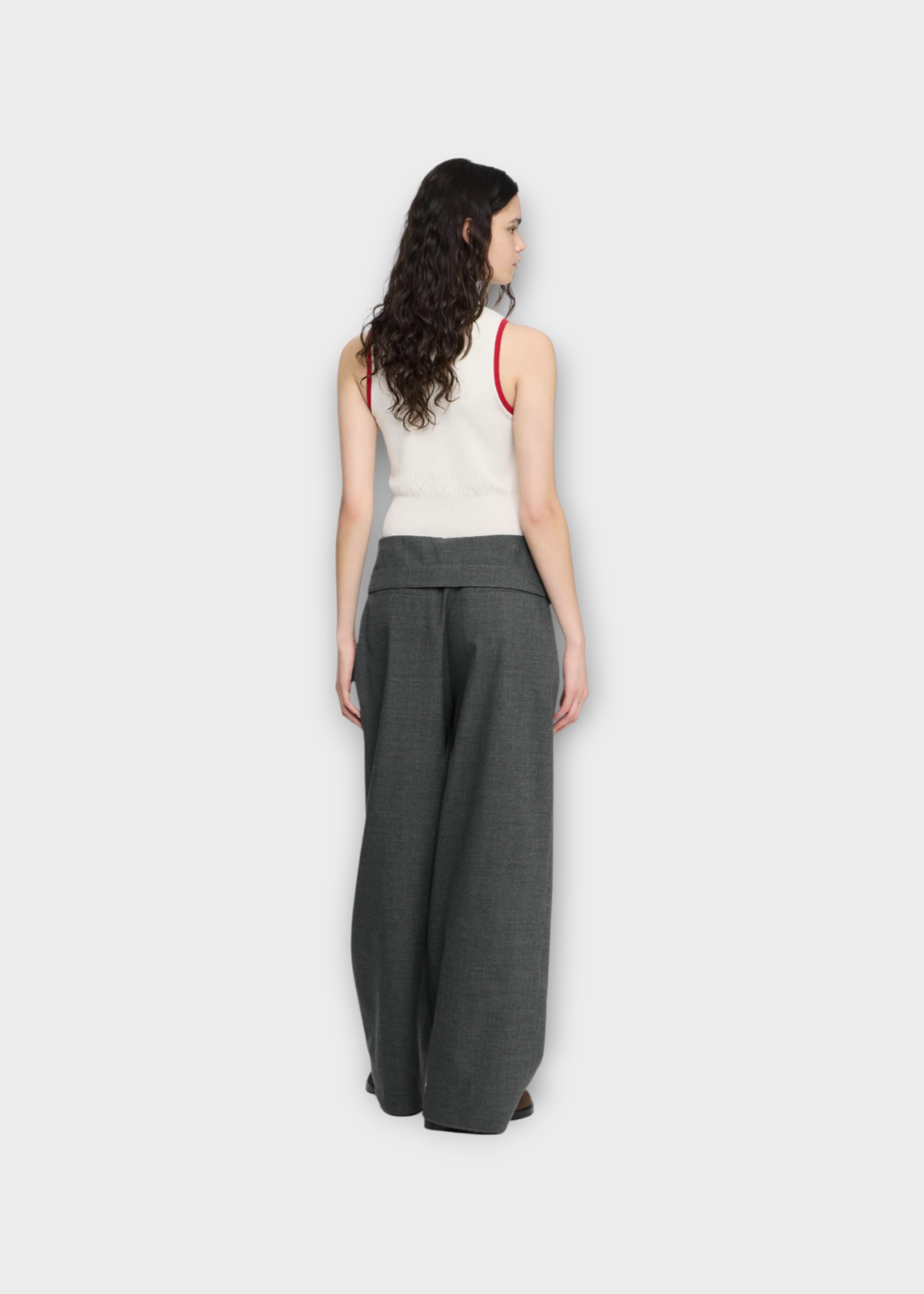 J.W. Anderson J.W. Anderson Trousers, Grey, Wool Twill High Rise Wide Leg Fold Over Pants In Charcoal Melange