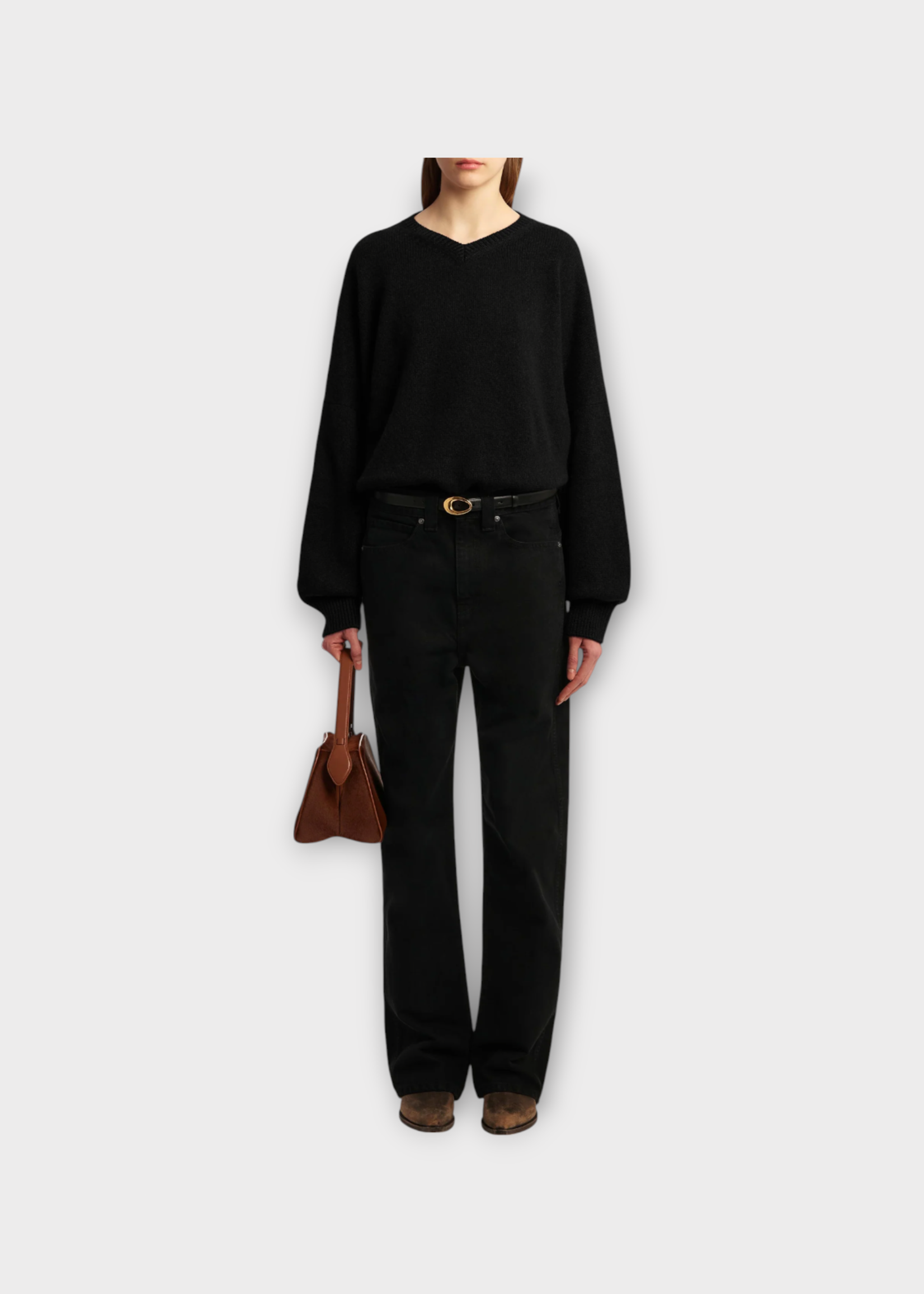 Khaite Khaite Knitwear, Black, Wolfe Cashmere V-Neck Sweater In Black w/ Dropped Shoulders