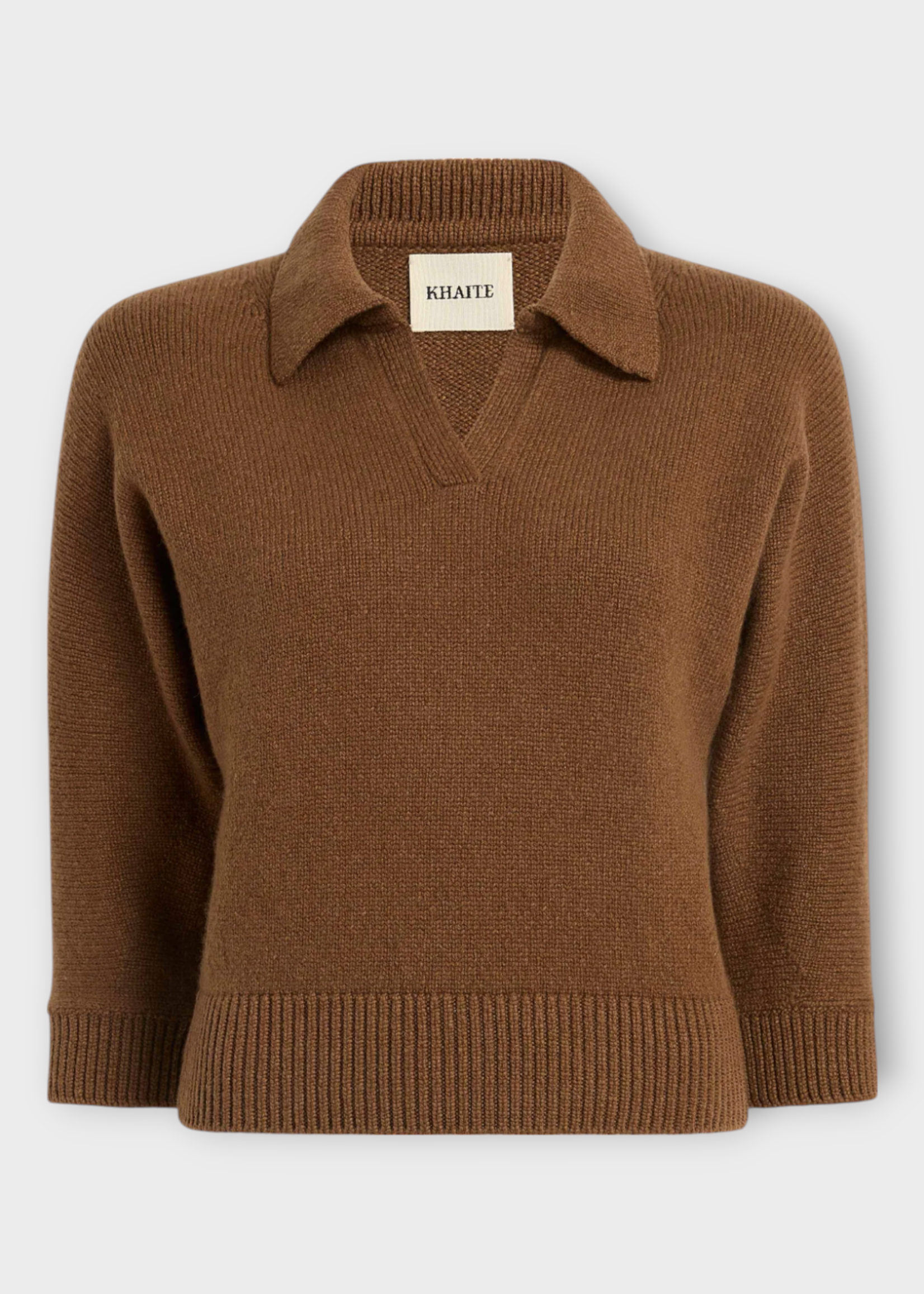 Khaite Khaite Knitwear, Brown, Herve Cashmere V-Neck Collared Short Sleeve Polo Sweater In Maple