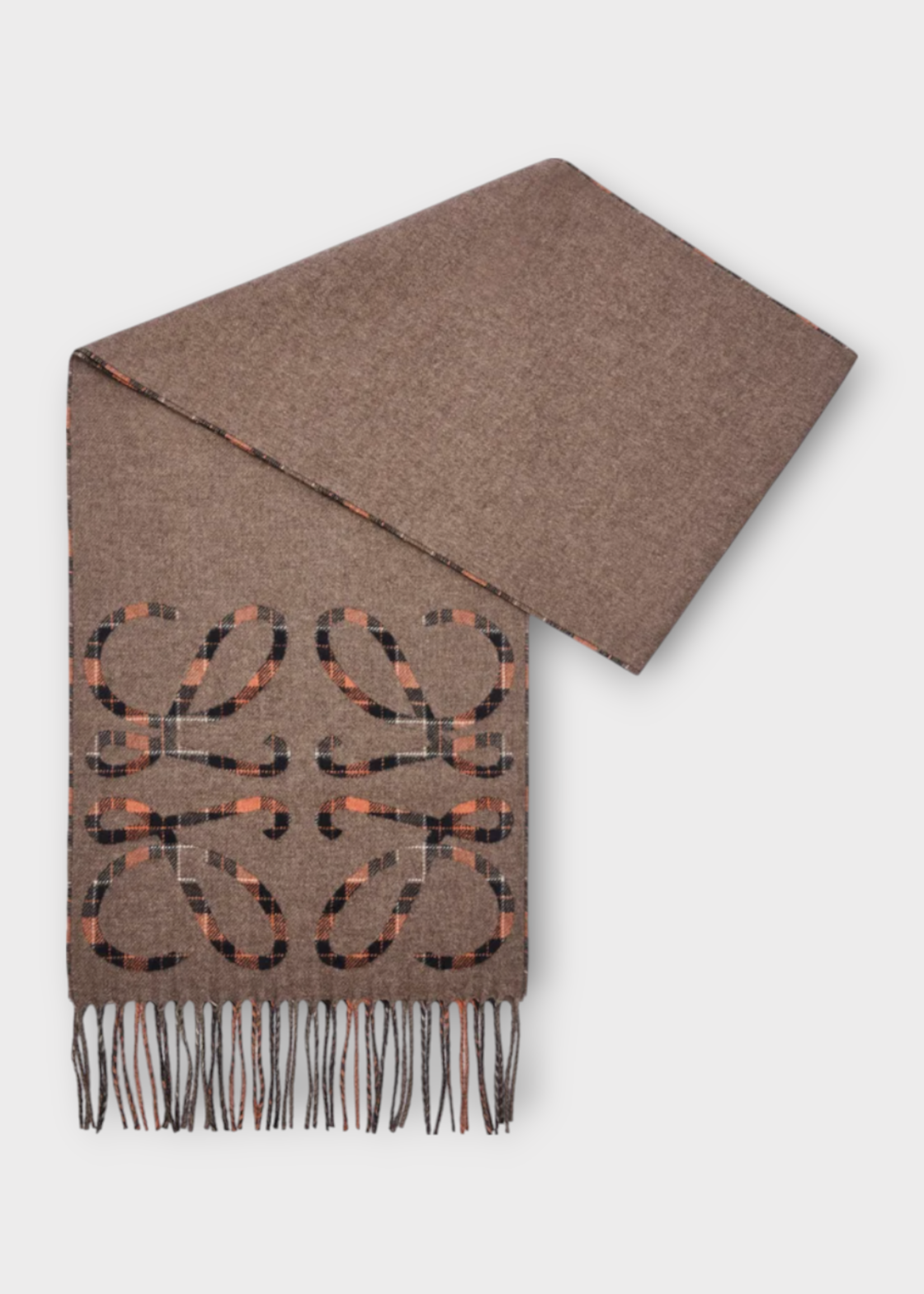 Loewe Loewe Scarf, Multi, Silk & Cashmere 28X180 Anagram Scarf In Brown & Multicolour w/ Check Pattern
