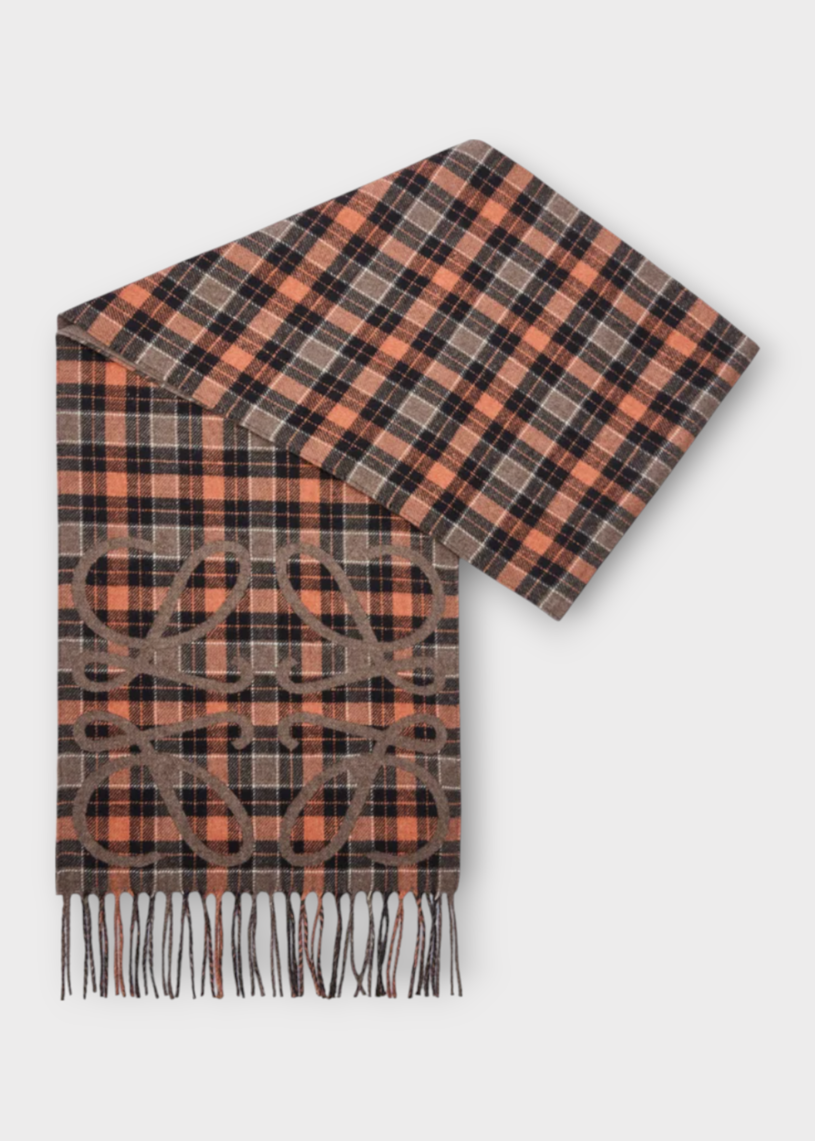 Loewe Loewe Scarf, Multi, Silk & Cashmere 28X180 Anagram Scarf In Brown & Multicolour w/ Check Pattern