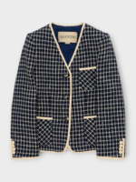Valentino Valentino Jacket, Multi, Wool Mix V-Neck Buttoned Boucle Jacket In Navy & Ivory w/ Pockets