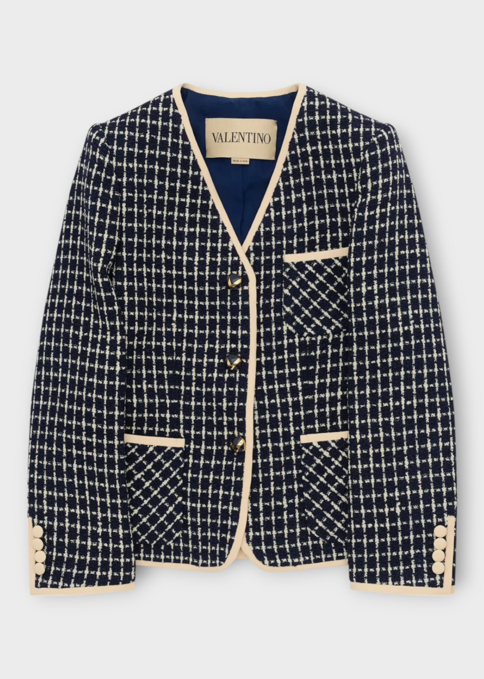 Valentino Valentino Jacket, Multi, Wool Mix V-Neck Buttoned Boucle Jacket In Navy & Ivory w/ Pockets