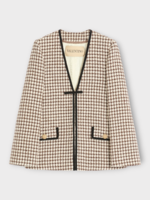 Valentino Valentino Jacket, Multi, Pied De Poule Light Tweed V-Neck Jacket In Latte & Testa di Moro w/ Bow Detail
