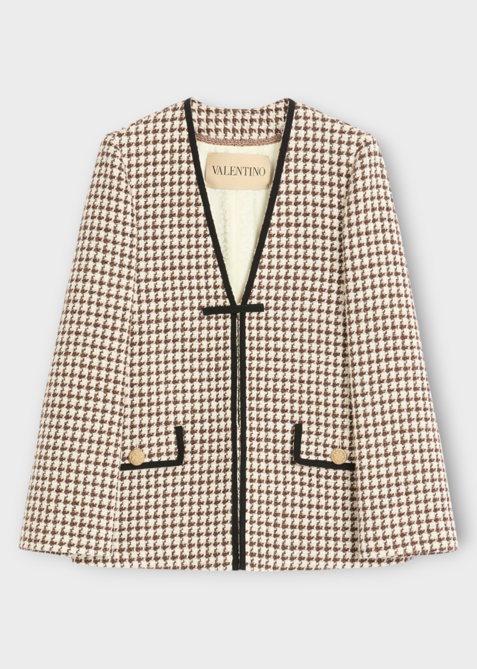 Valentino Valentino Jacket, Multi, Pied De Poule Light Tweed V-Neck Jacket In Latte & Testa di Moro w/ Bow Detail