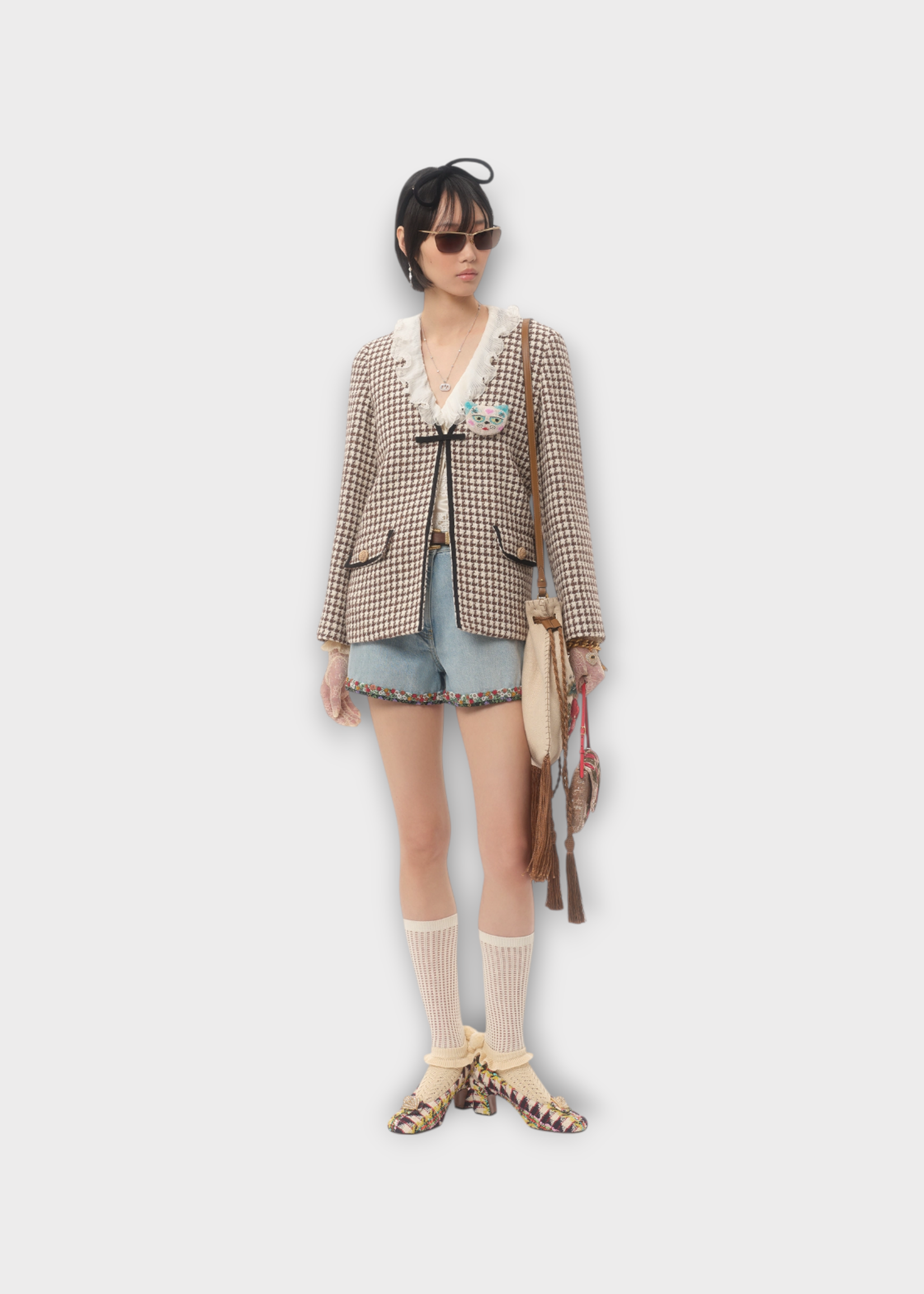 Valentino Valentino Jacket, Multi, Pied De Poule Light Tweed V-Neck Jacket In Latte & Testa di Moro w/ Bow Detail