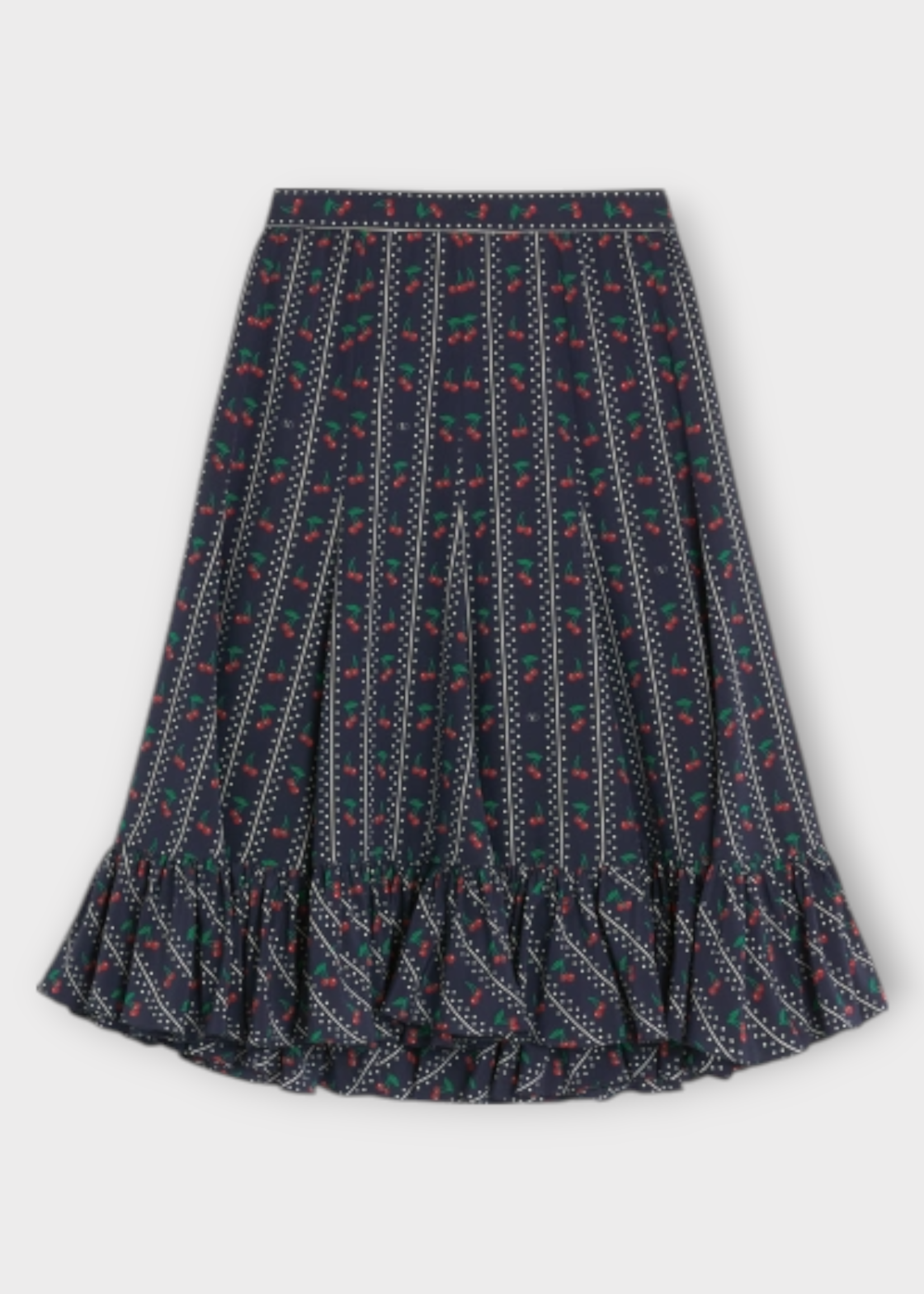 Valentino Valentino Skirt, Print, Crepe De Chine Flounced Midi Skirt In Navy w/ Cherry Print