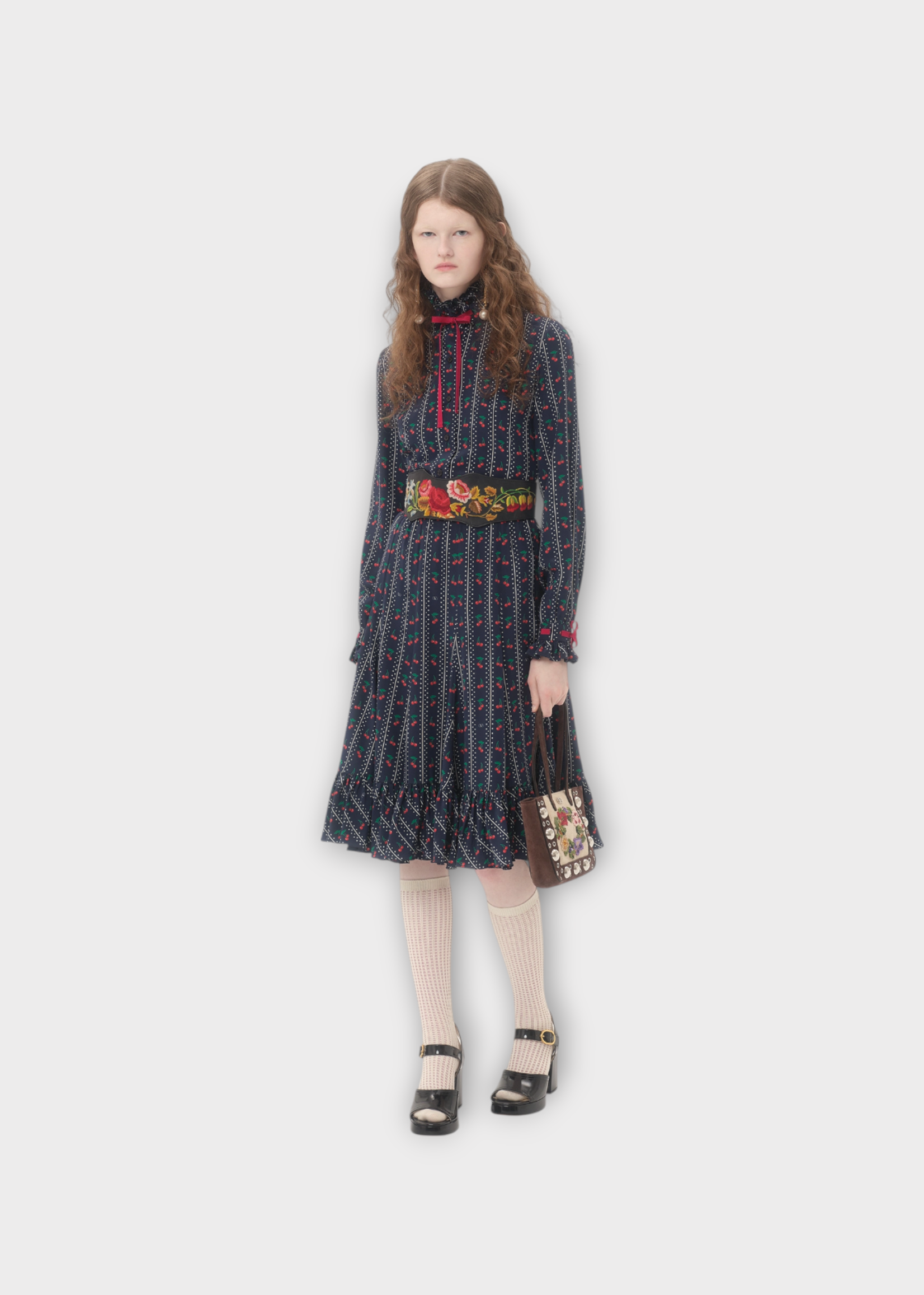 Valentino Valentino Skirt, Print, Crepe De Chine Flounced Midi Skirt In Navy w/ Cherry Print