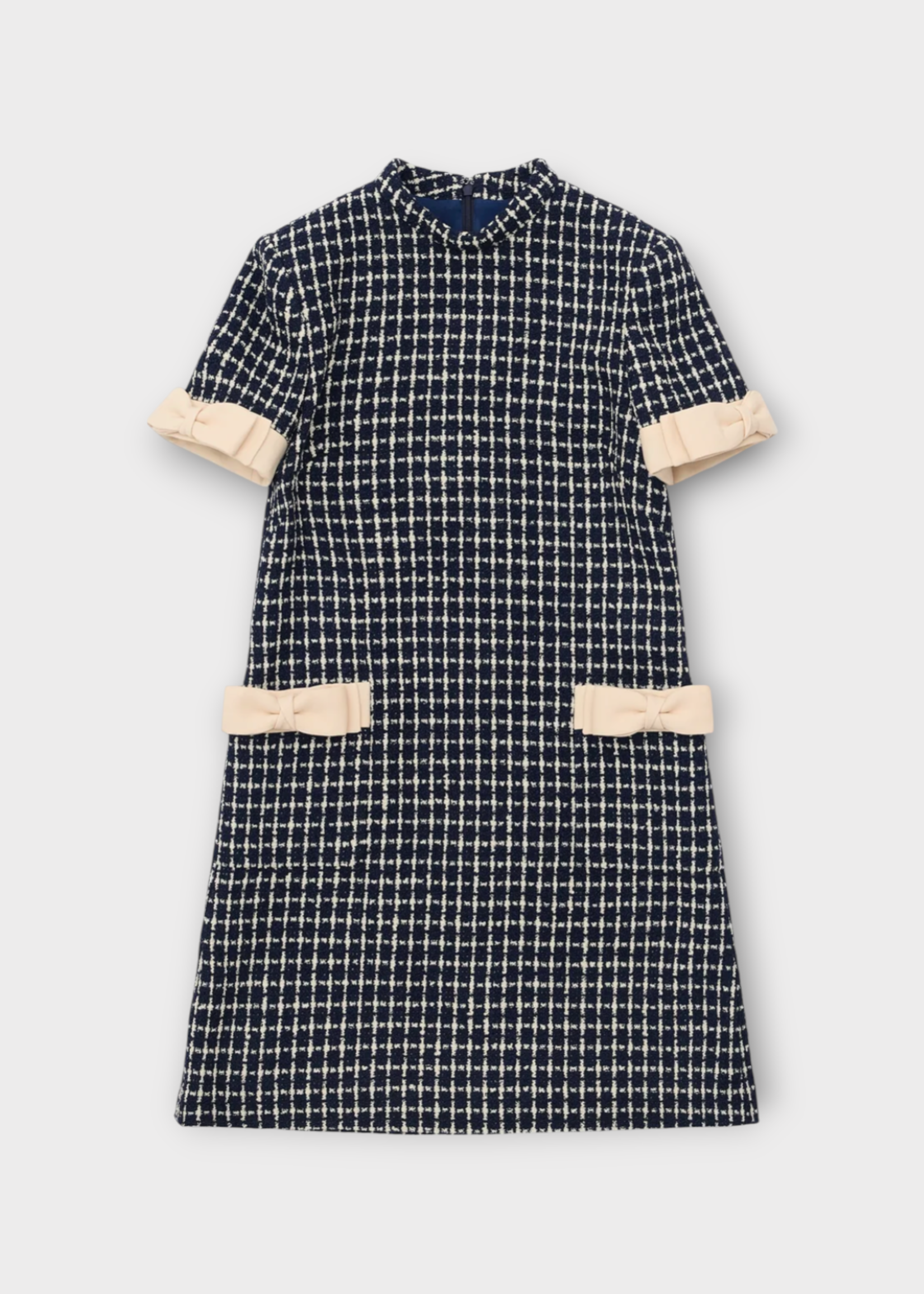 Valentino Valentino Dress, Multi, Crew Neck Short Sleeve Mini Boucle Dress In Navy & Ivory