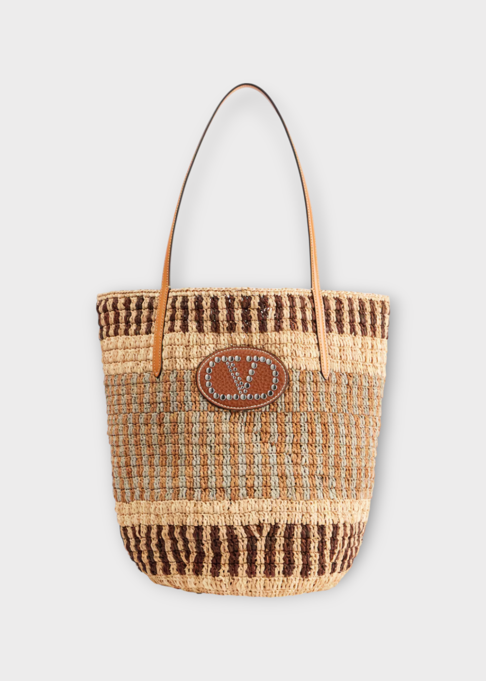 Valentino Valentino Bag, Multi, Crochet Raffia Top Handle Tote Bag In Multicolour Beige & Natural Camel