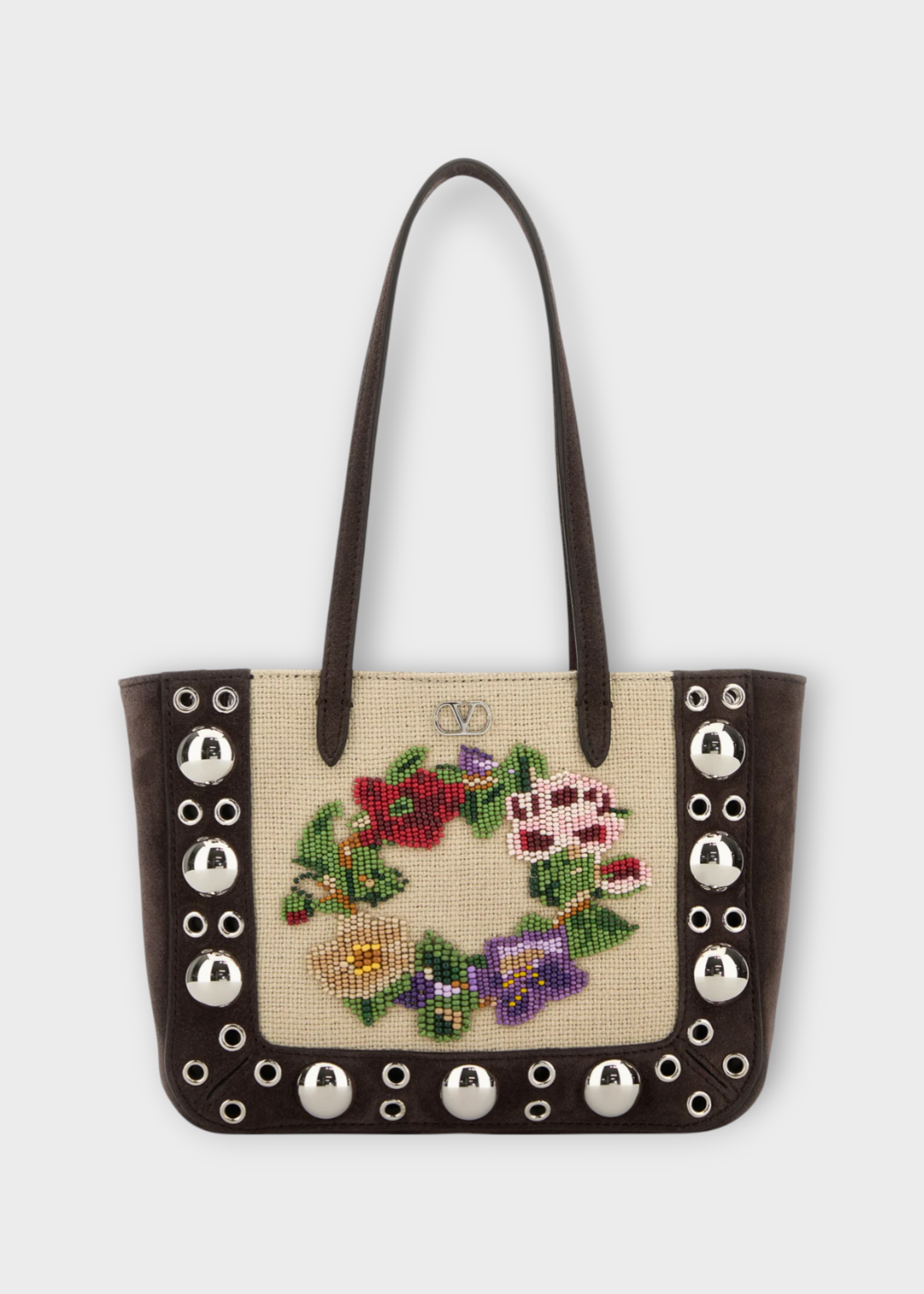 Valentino Valentino Bag, Multi, Suede Leather Mini Tote Bag In Multicolour & Testa Di Moro w/ Floral Bead Embroidery & Studs