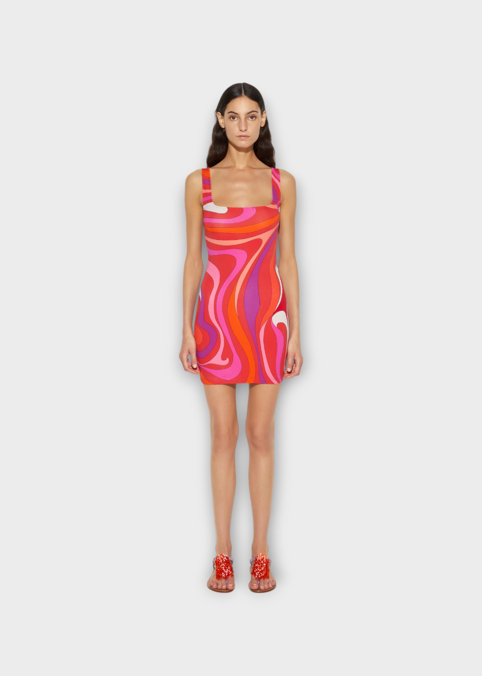 Emilio Pucci Emilio Pucci Dress, Print, Jersey Sleeveless Mini Dress In Coral & Fuchsia w/ Marmo Print