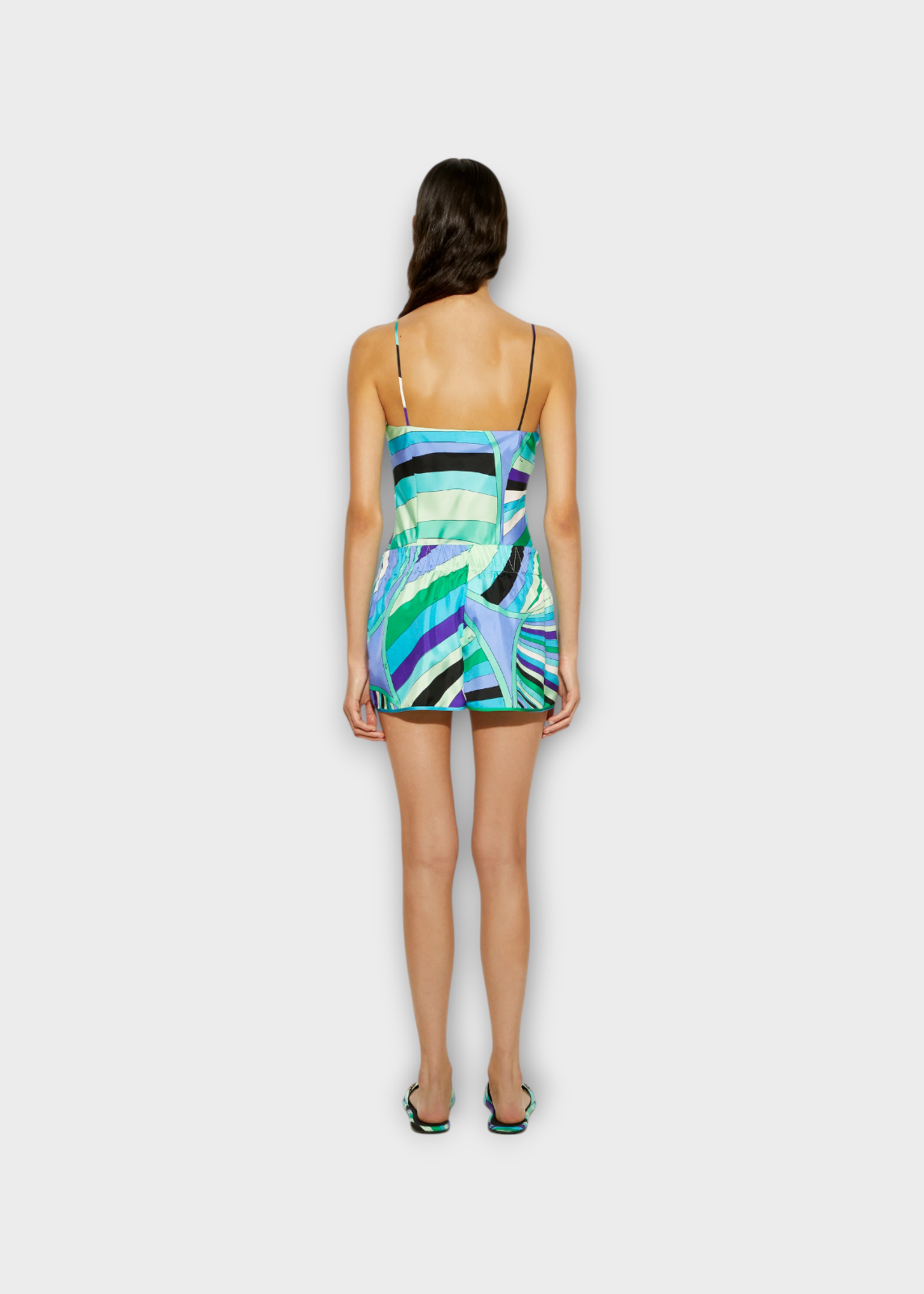 Emilio Pucci Emilio Pucci Shorts, Print, Silk Loose Fit Elasticated Waist Shorts In Green & Lilac w/ Iride Print