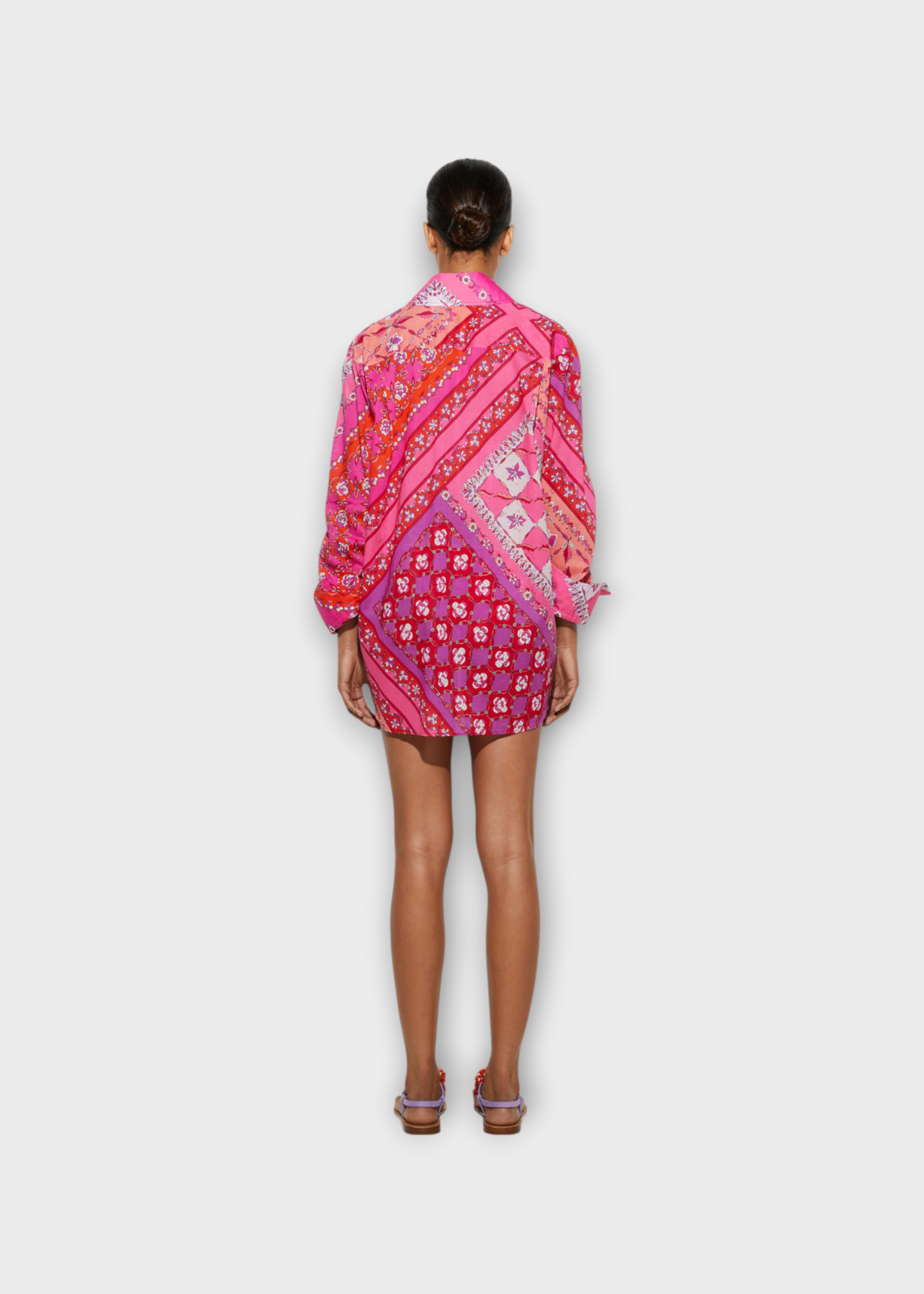 Emilio Pucci Emilio Pucci Shirt, Print, Cotton Muslin Oversized Collared Button Up Shirt In Coral & Fuchsia w/ Festa Print