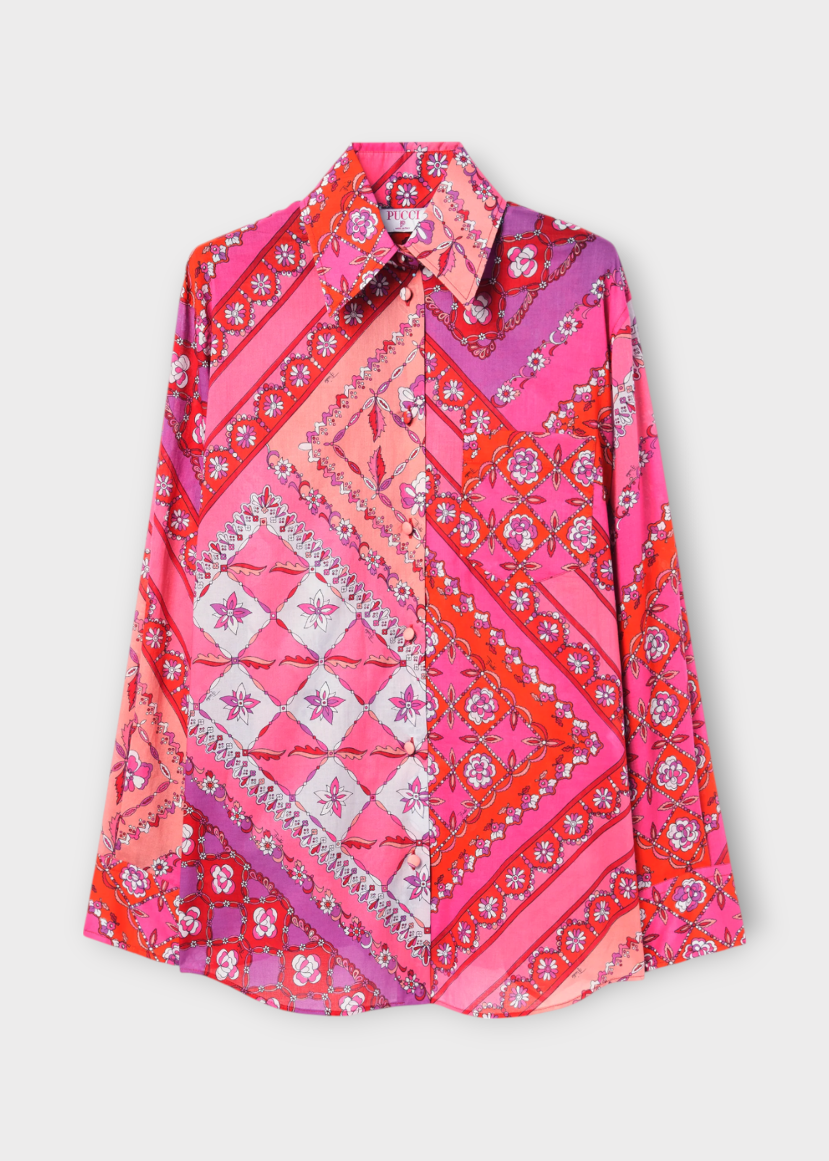 Emilio Pucci Emilio Pucci Shirt, Print, Cotton Muslin Oversized Collared Button Up Shirt In Coral & Fuchsia w/ Festa Print