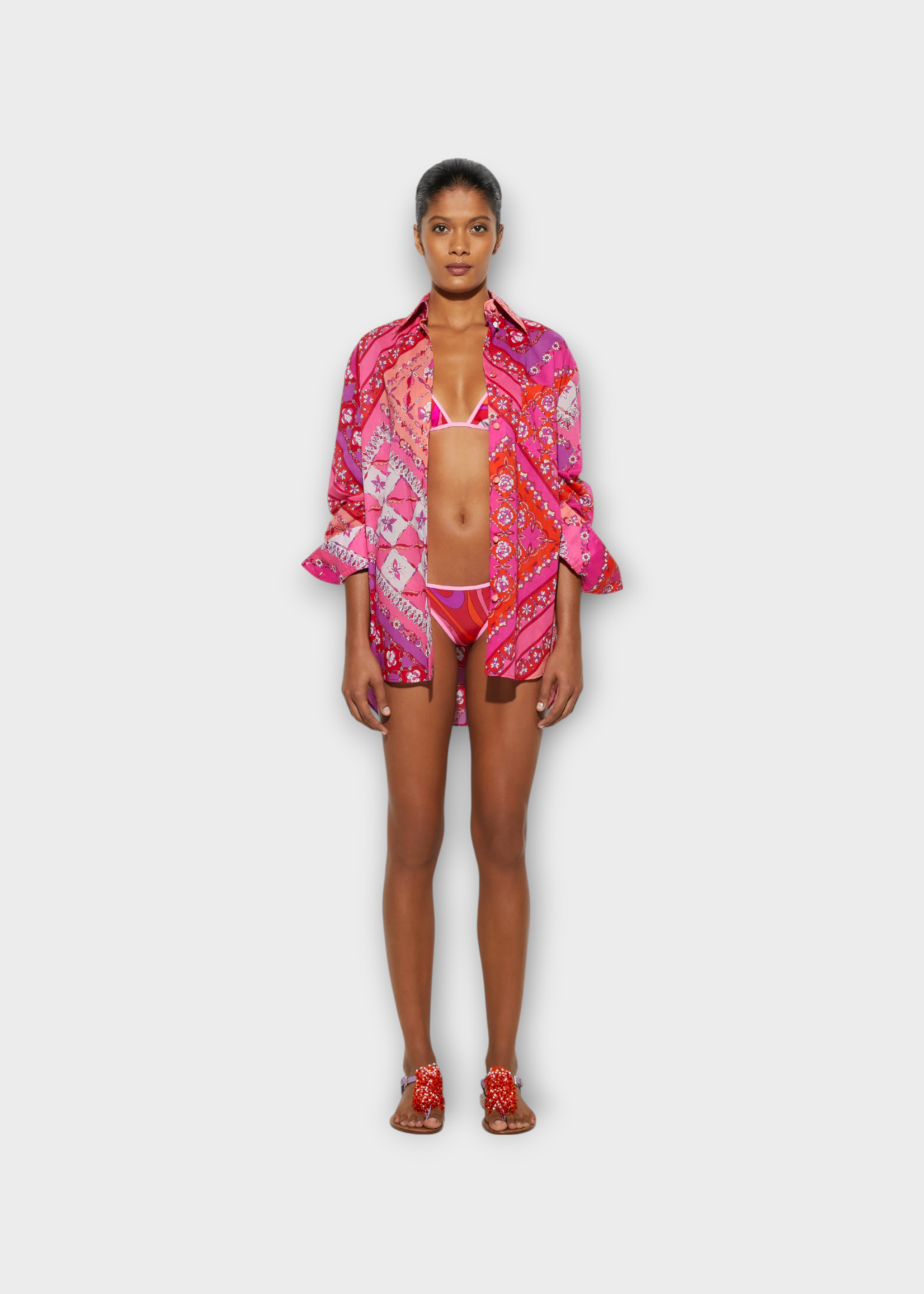 Emilio Pucci Emilio Pucci Shirt, Print, Cotton Muslin Oversized Collared Button Up Shirt In Coral & Fuchsia w/ Festa Print