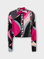 Emilio Pucci Emilio Pucci Shirt, Print, Silk Twill Cropped Collared Button Up In Black & Fuchsia w/ Pesci Print