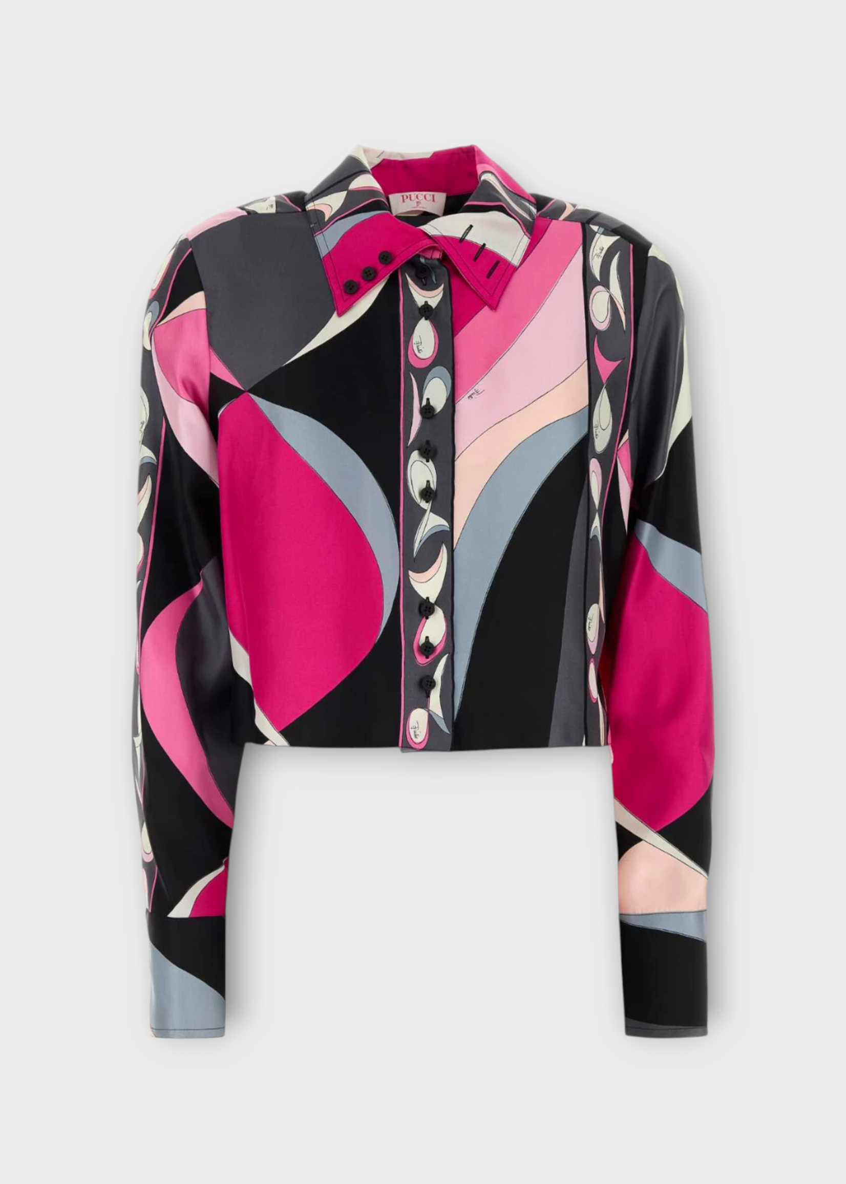 Emilio Pucci Emilio Pucci Shirt, Print, Silk Twill Cropped Collared Button Up In Black & Fuchsia w/ Pesci Print