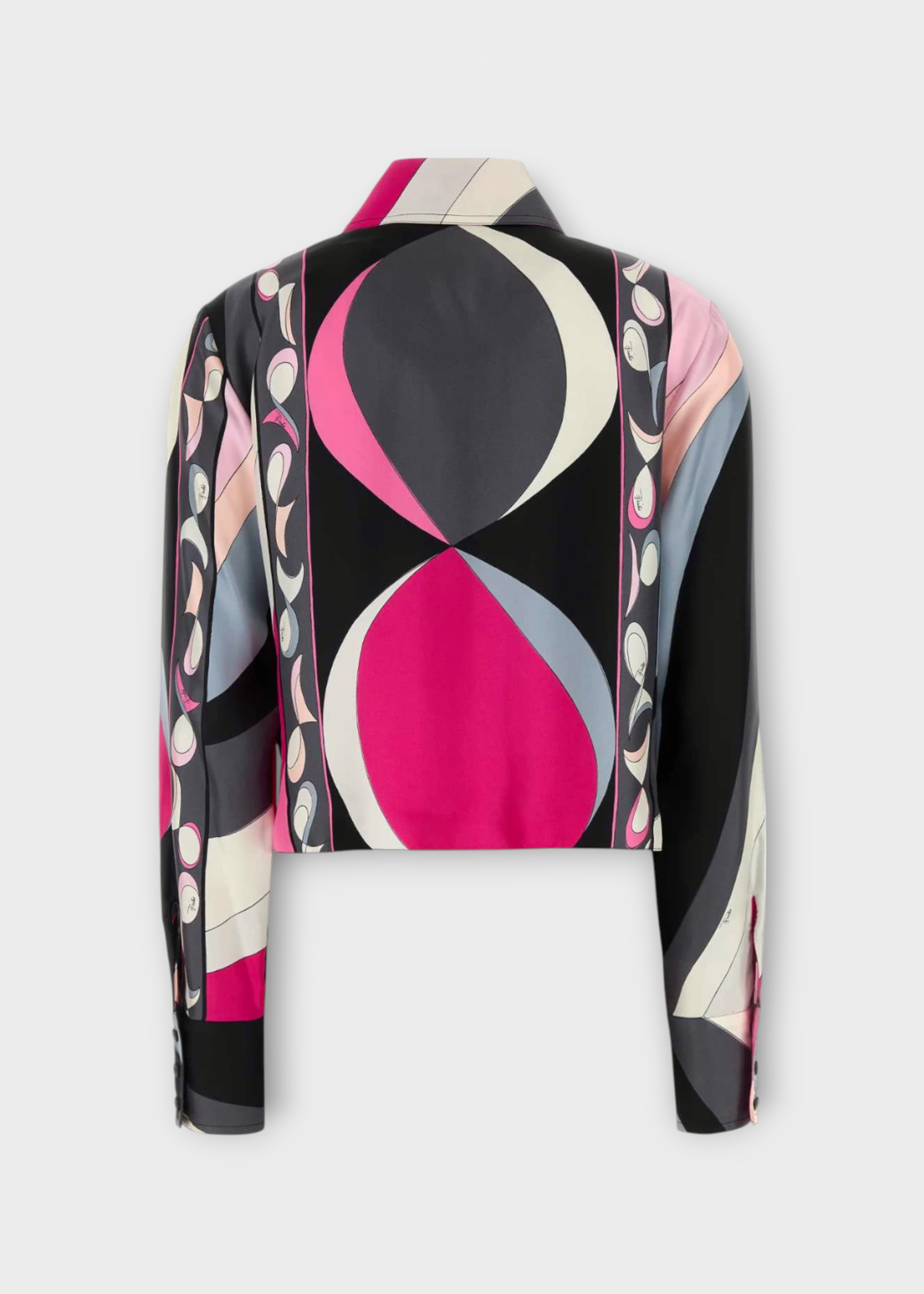 Emilio Pucci Emilio Pucci Shirt, Print, Silk Twill Cropped Collared Button Up In Black & Fuchsia w/ Pesci Print