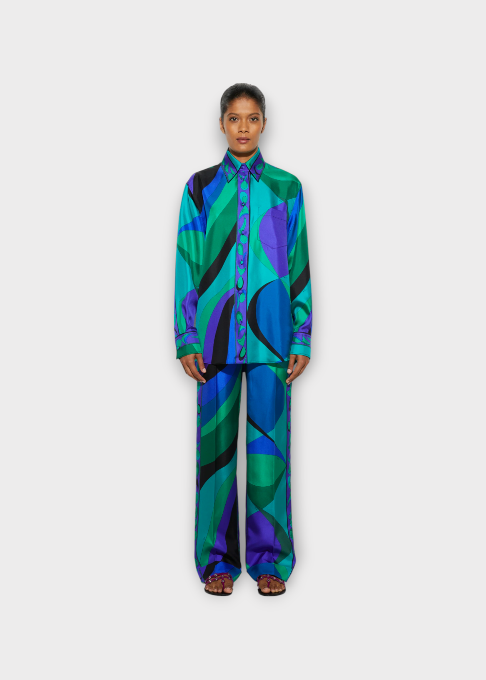 Emilio Pucci Emilio Pucci Shirt, Print, Silk Oversized Collared Button Up Shirt In Emerald w/ Pesci Print
