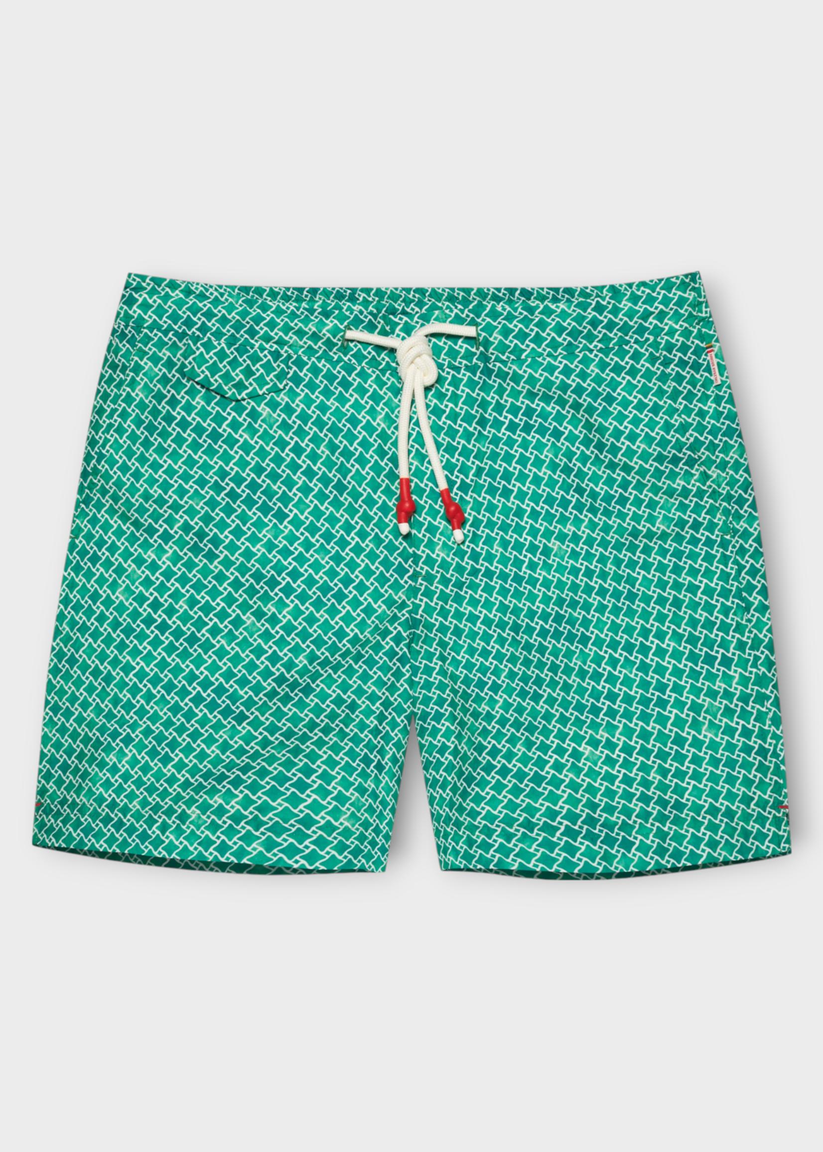 Orlebar Brown Orlebar Brown Swimwear, Print, Standard Drawcord Swim Trunks In Caddie Green w/ Geometric Print