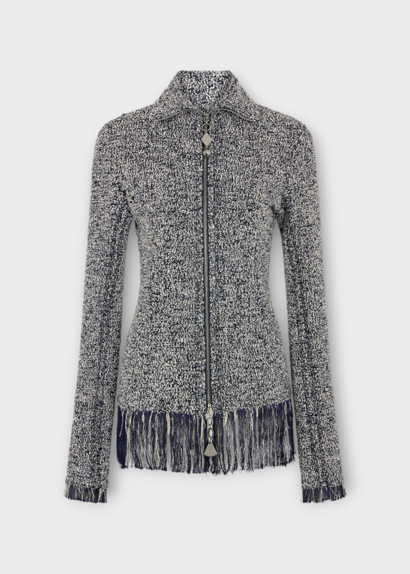 Rabanne Rabanne Jacket, Multi, Cotton High Neck Zipped Fringed Jacket In Navy & White