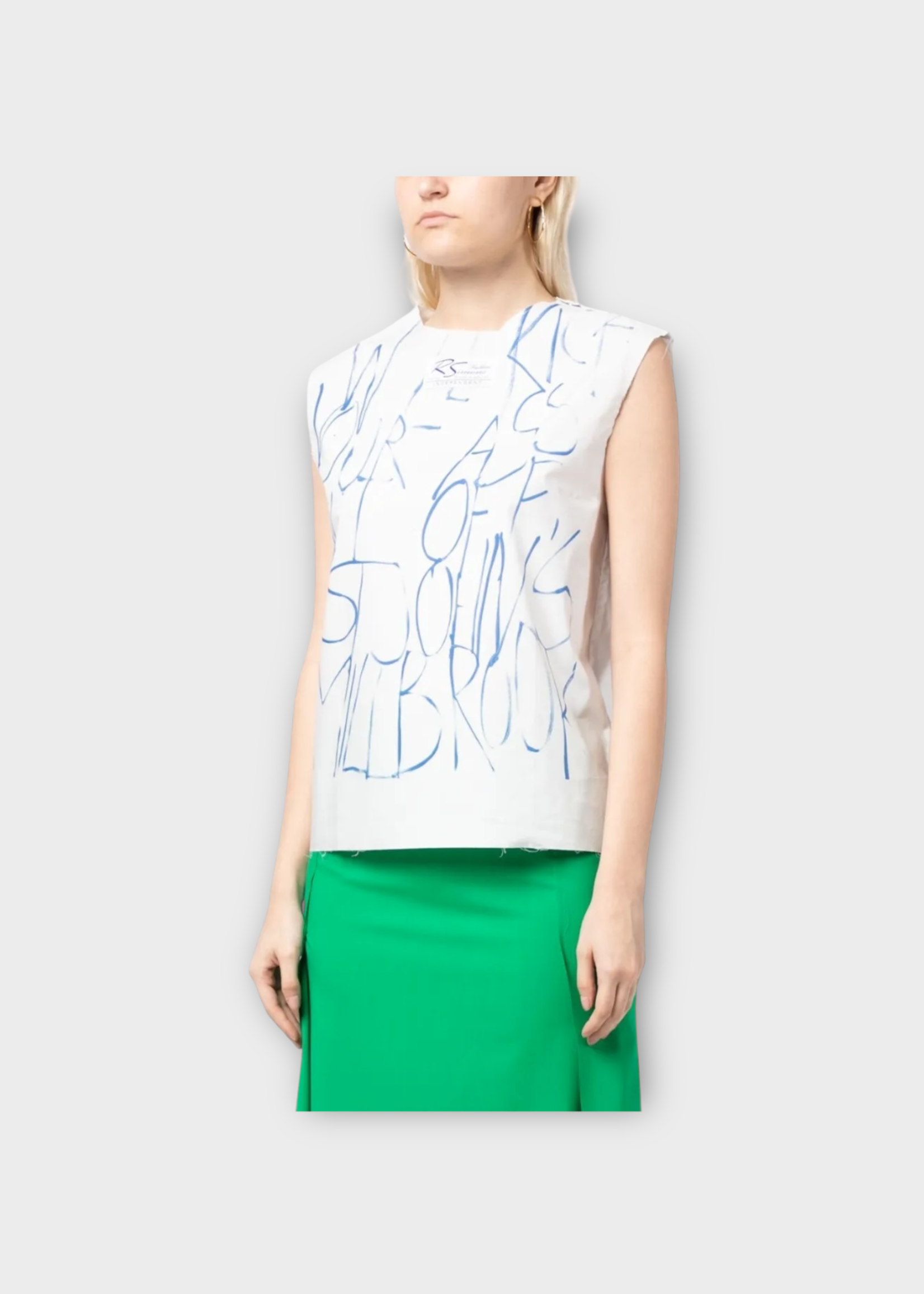 Raf Simons Raf Simons Top, White, Cotton Crew Neck Sleeveless Shirting Top w/ Blue Hand Writing Print