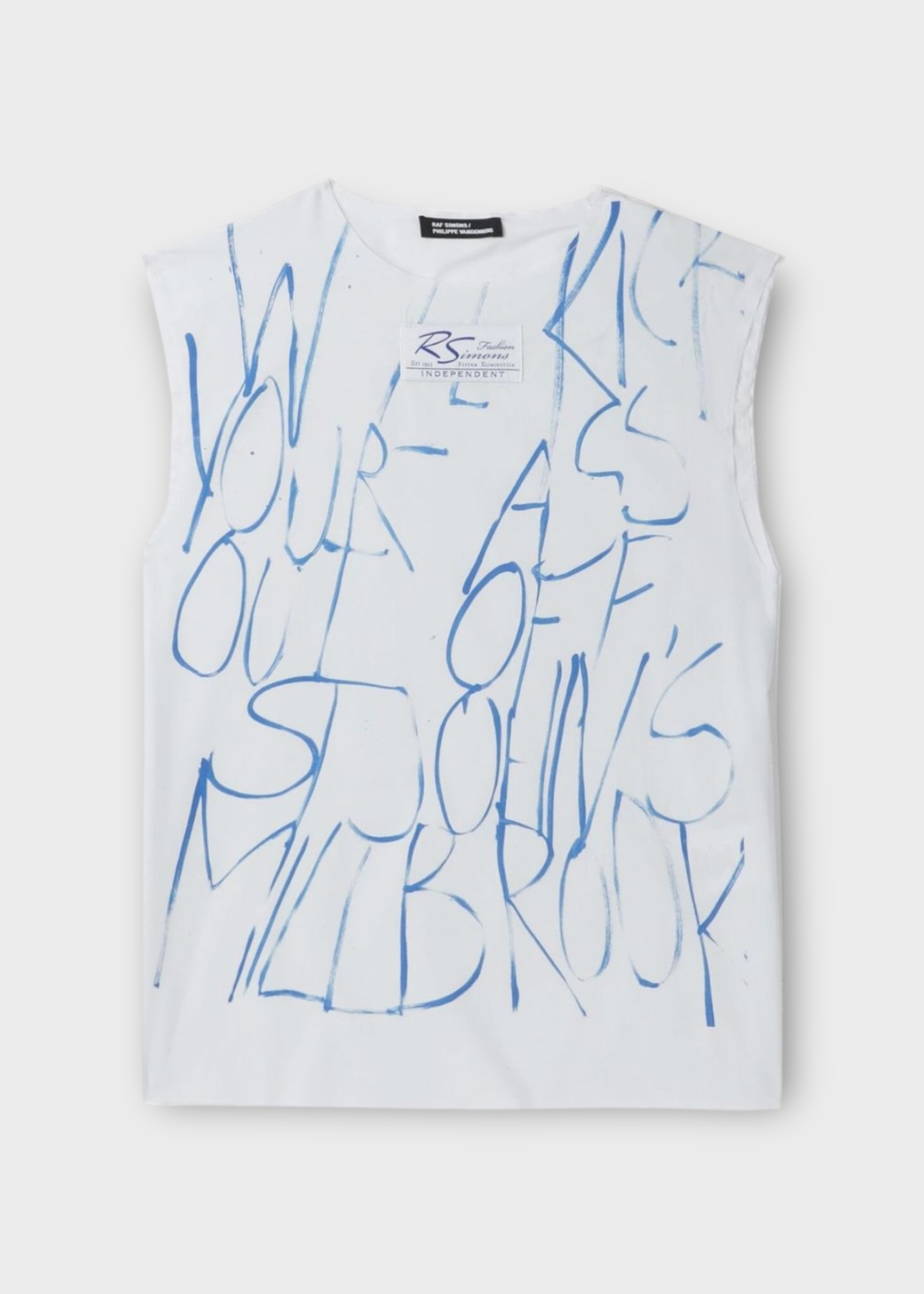 Raf Simons Raf Simons Top, White, Cotton Crew Neck Sleeveless Shirting Top w/ Blue Hand Writing Print