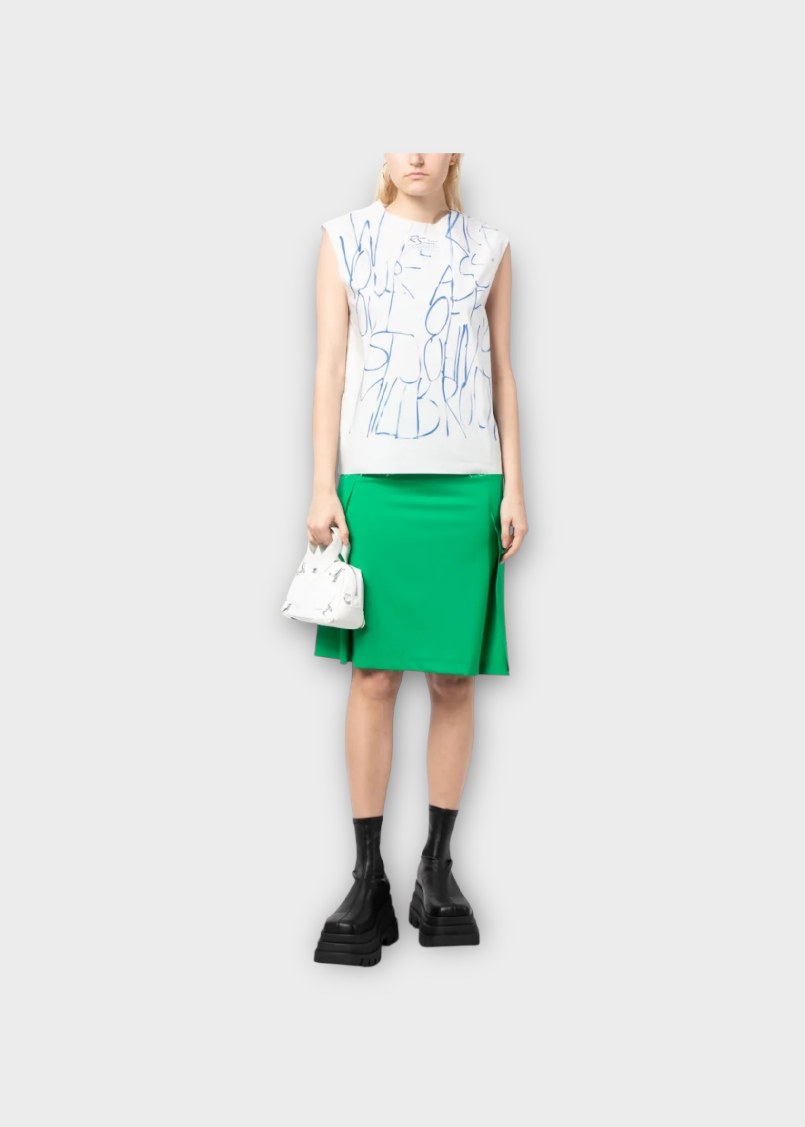 Raf Simons Raf Simons Top, White, Cotton Crew Neck Sleeveless Shirting Top w/ Blue Hand Writing Print